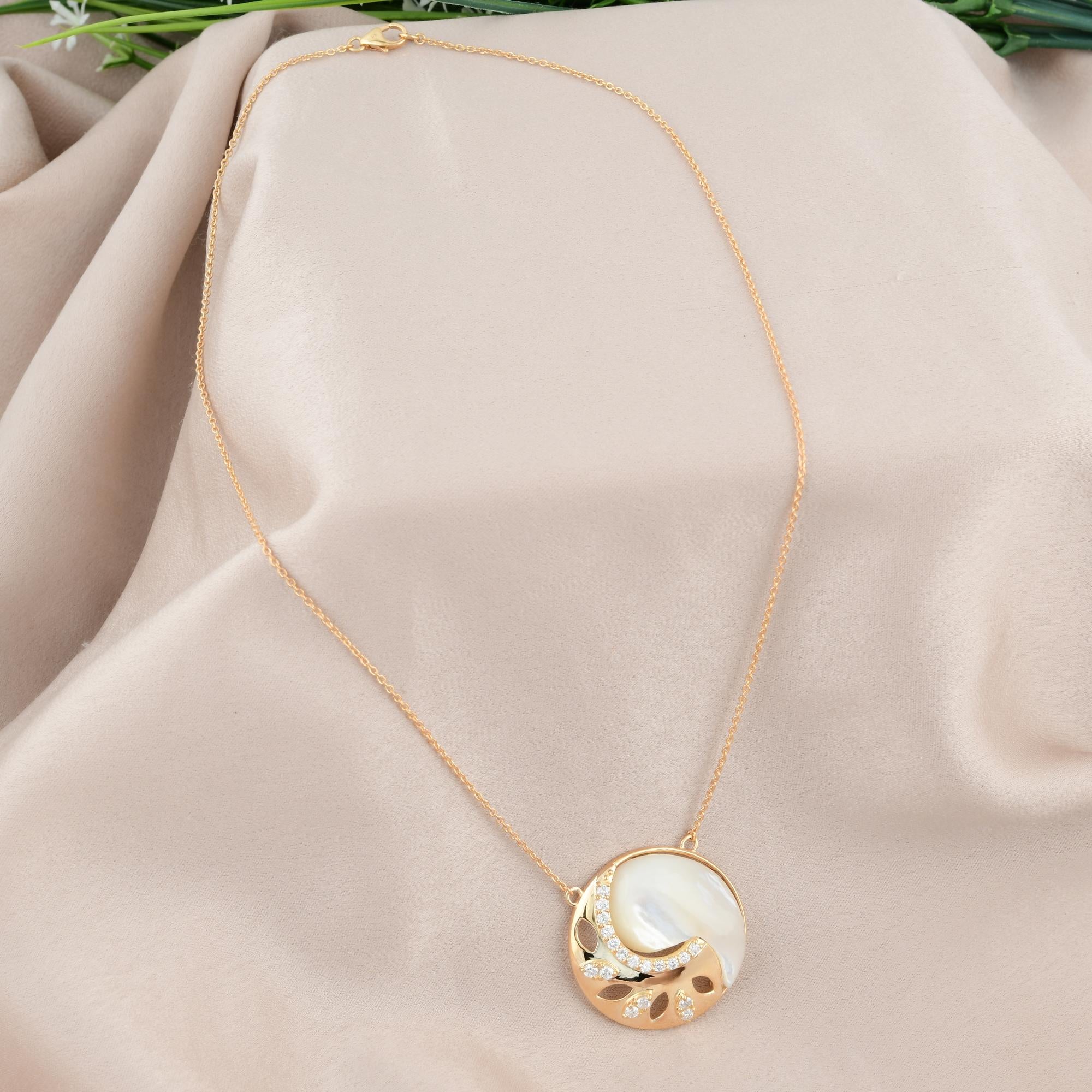 Women's Mother Of Pearl Gemstone Charm Necklace 14k Yellow Gold Diamond Handmade Jewelry For Sale