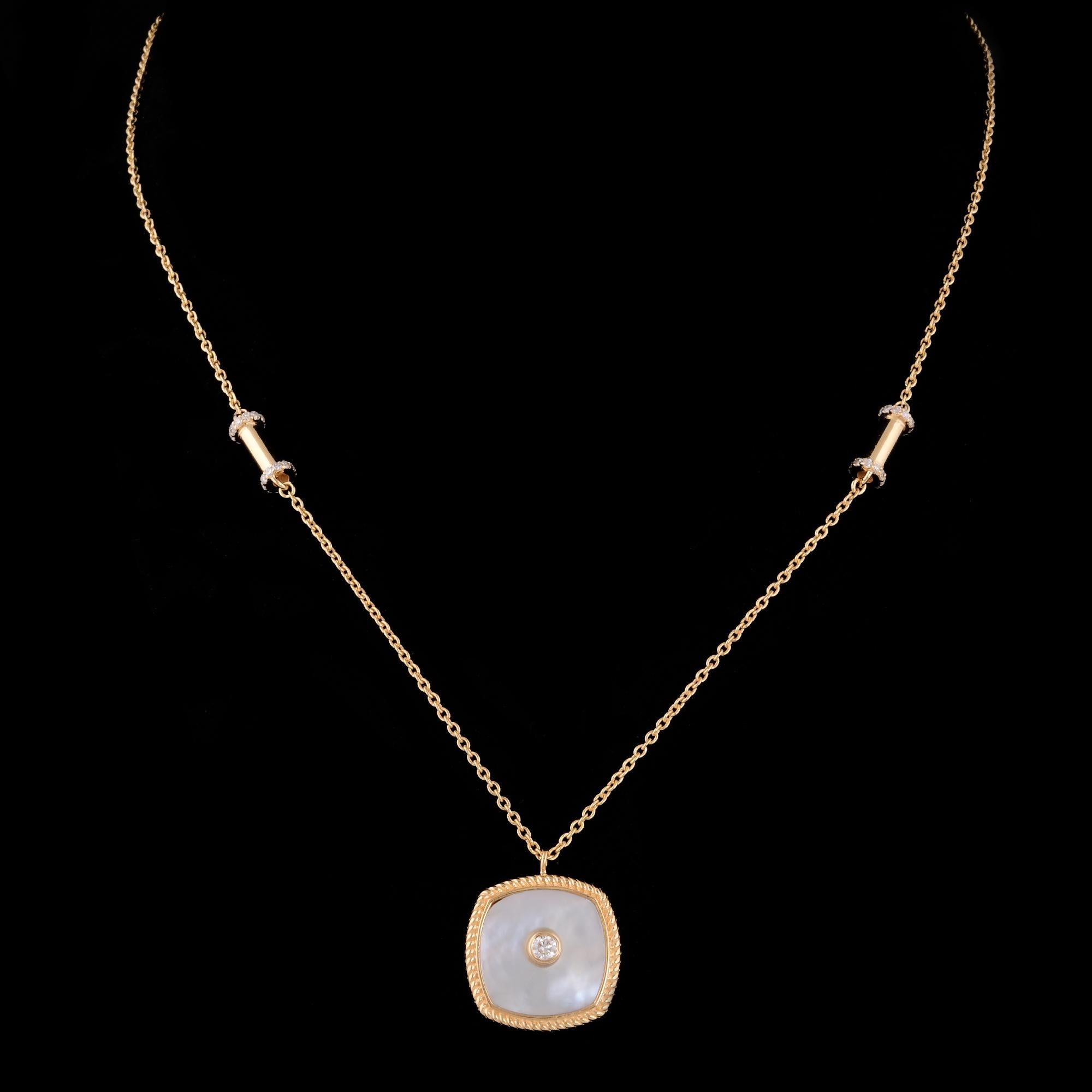 Round Cut Mother Of Pearl Gemstone Charm Necklace Diamond 14 Karat Yellow Gold Jewelry For Sale