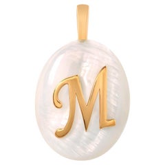 Mother Of Pearl Gemstone Initial M & Lady Charm Pendant 18 Karat Yellow Gold