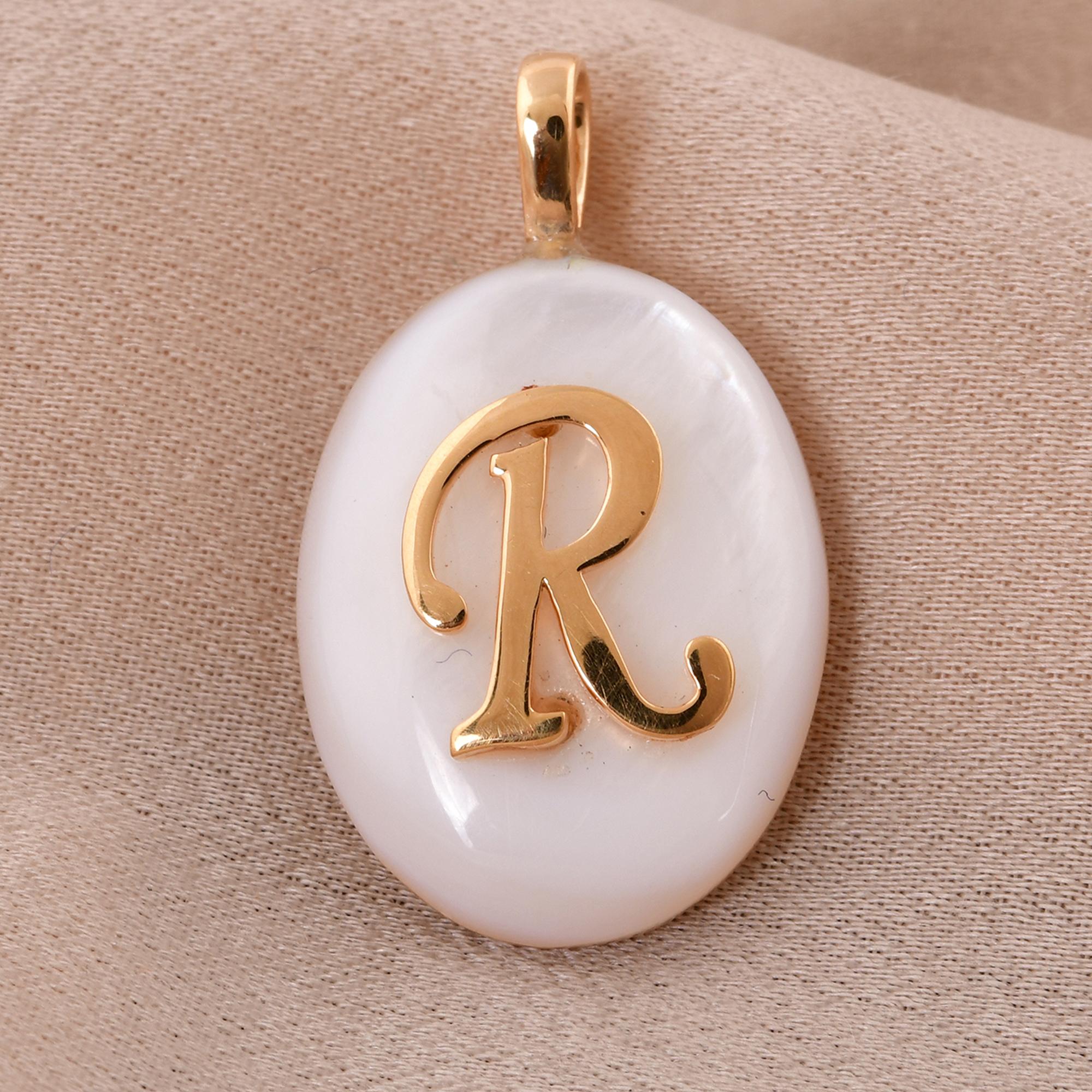 Oval Cut Mother Of Pearl Gemstone Initial R & Lady Charm Pendant 18 Karat Yellow Gold For Sale