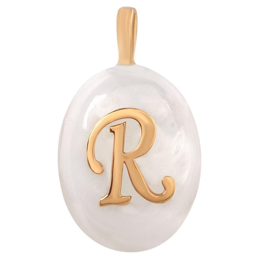 Mother Of Pearl Gemstone Initial R & Lady Charm Pendant 18 Karat Yellow Gold For Sale