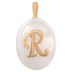 Mother Of Pearl Gemstone Initial R & Lady Charm Pendant 18 Karat Yellow Gold