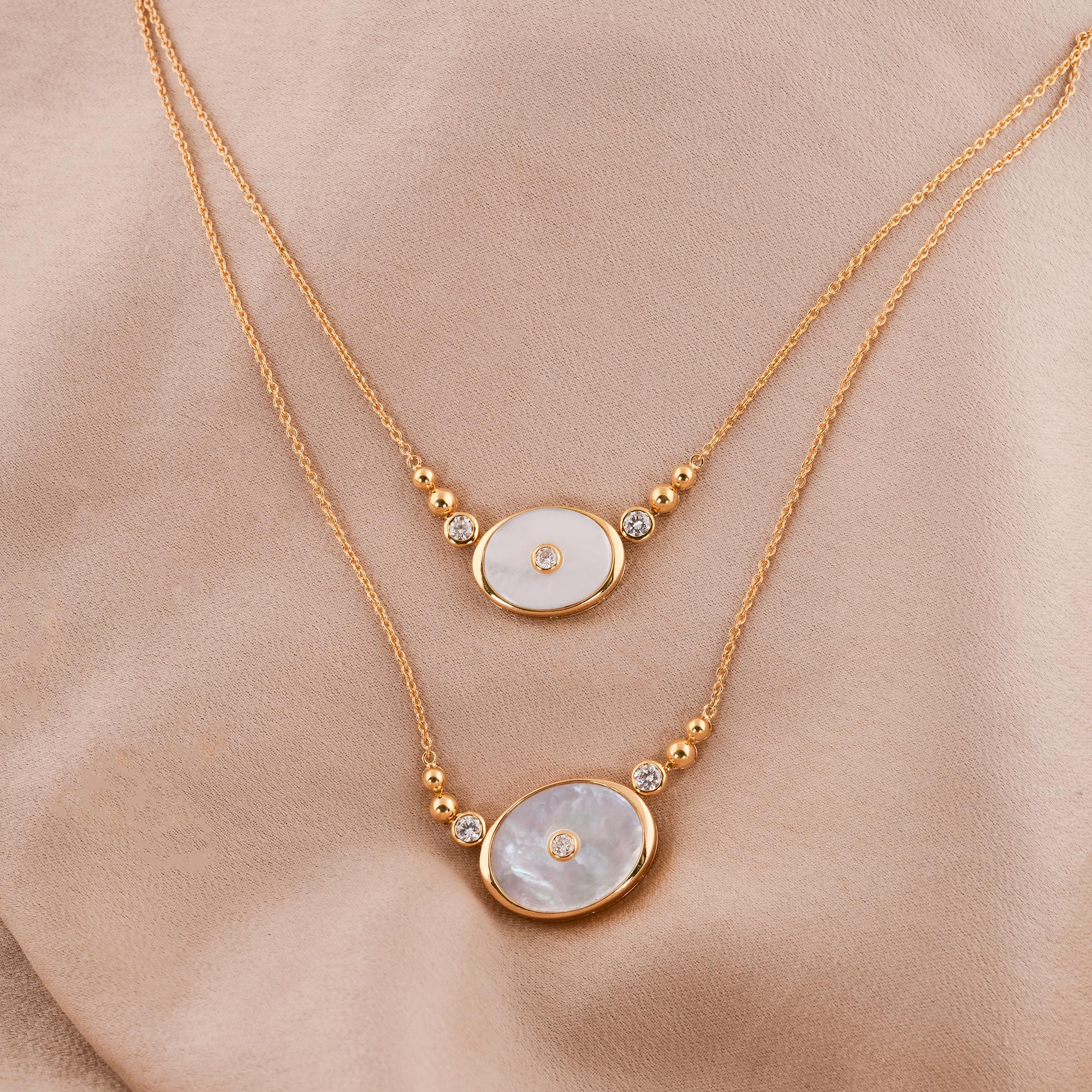 Modern Mother of Pearl Gemstone Pendant Diamond Necklace 18 Karat Yellow Gold Jewelry For Sale