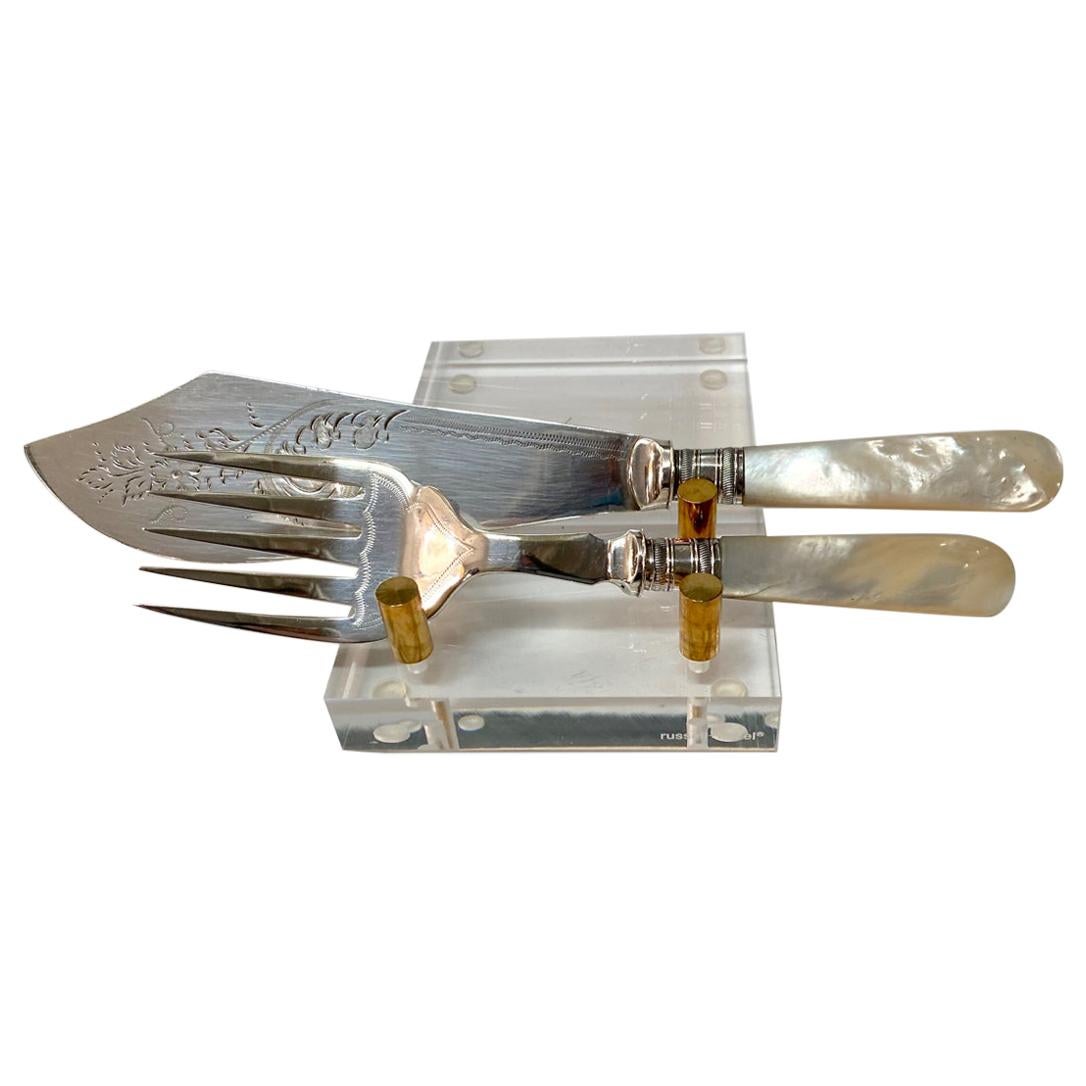 Mother of Pearl Handled Fish Slice and Fork For Sale