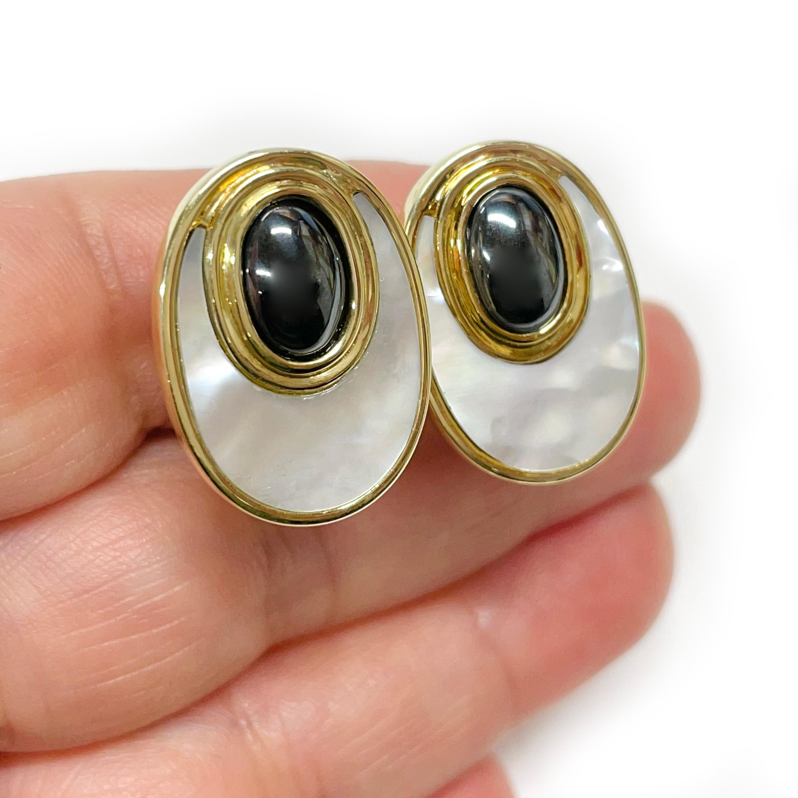 Mother of Pearl Hematite Earrings In Good Condition For Sale In Palm Desert, CA