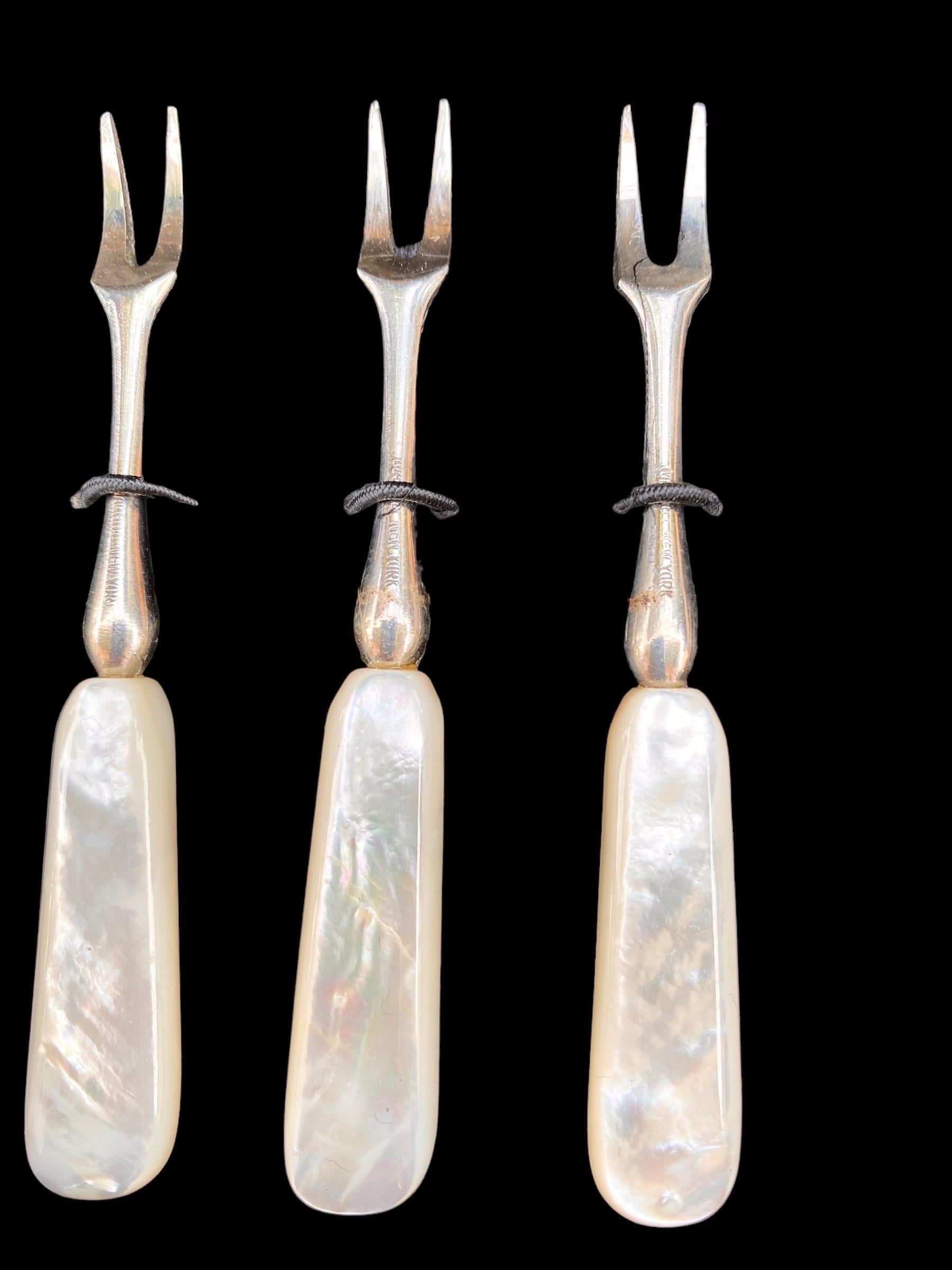 Art Deco Mother of Pearl Hors D'oeuvre Olive Cocktail Forks in Box Vintage Germany