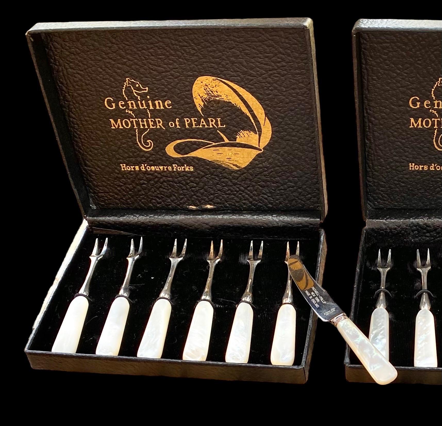 Hand-Crafted Mother of Pearl Hors D'oeuvre Olive Cocktail Forks in Box Vintage Germany