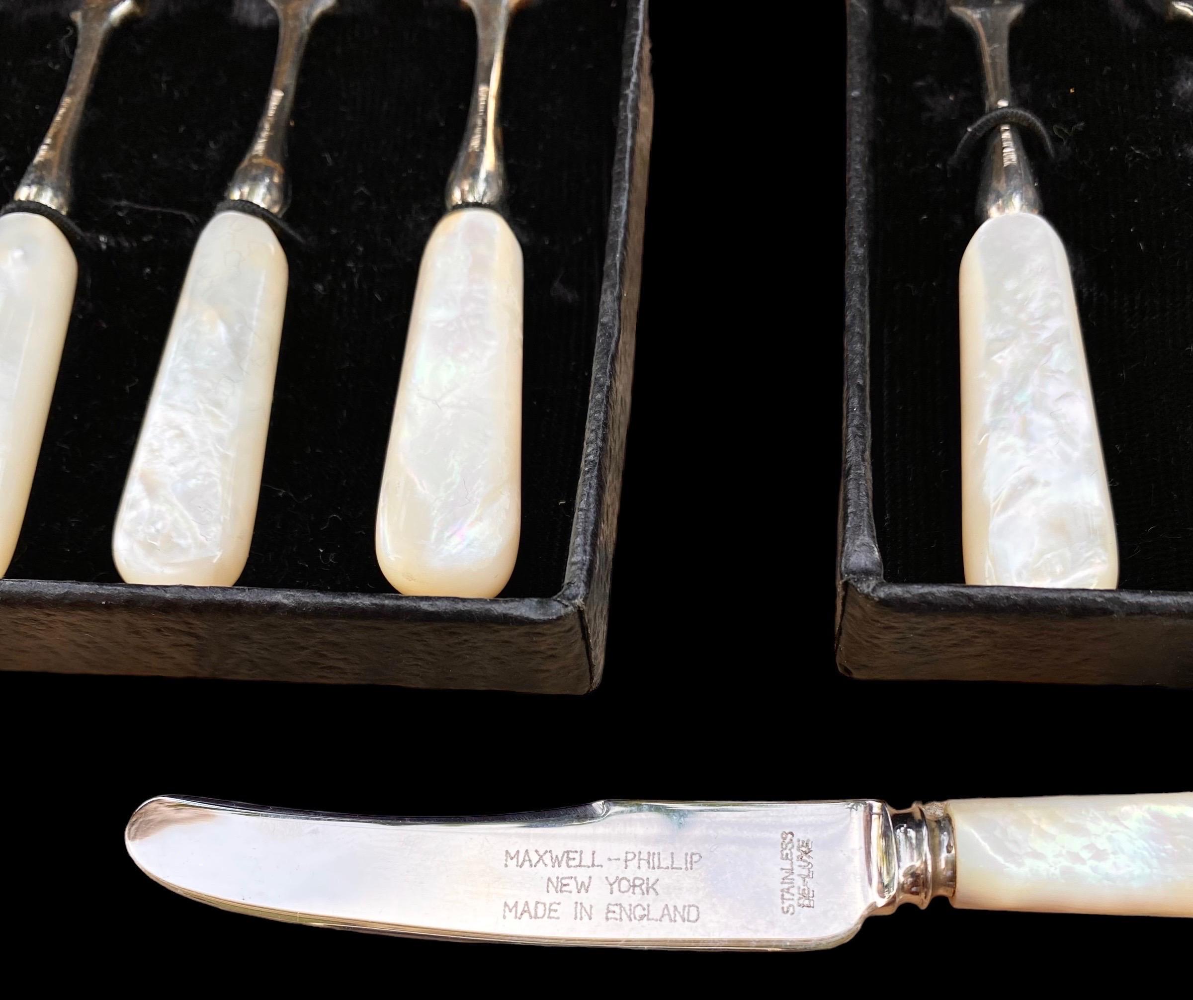 Mid-20th Century Mother of Pearl Hors D'oeuvre Olive Cocktail Forks in Box Vintage Germany