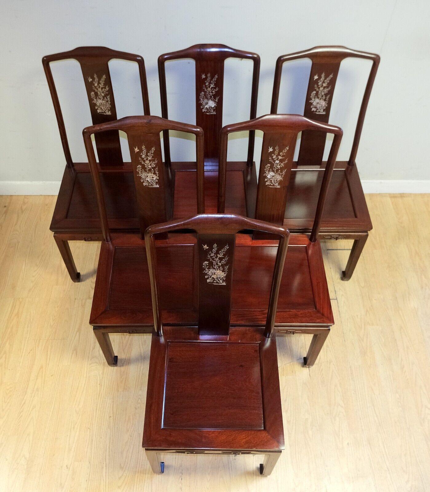 Mother of Pearl Inlaid 20th C Chinese Dining Table Set Six Chairs & Lazy Susan 5