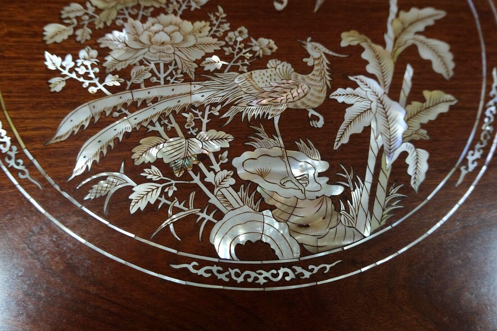 Mother of Pearl Inlaid 20th C Chinese Dining Table Set Six Chairs & Lazy Susan 9