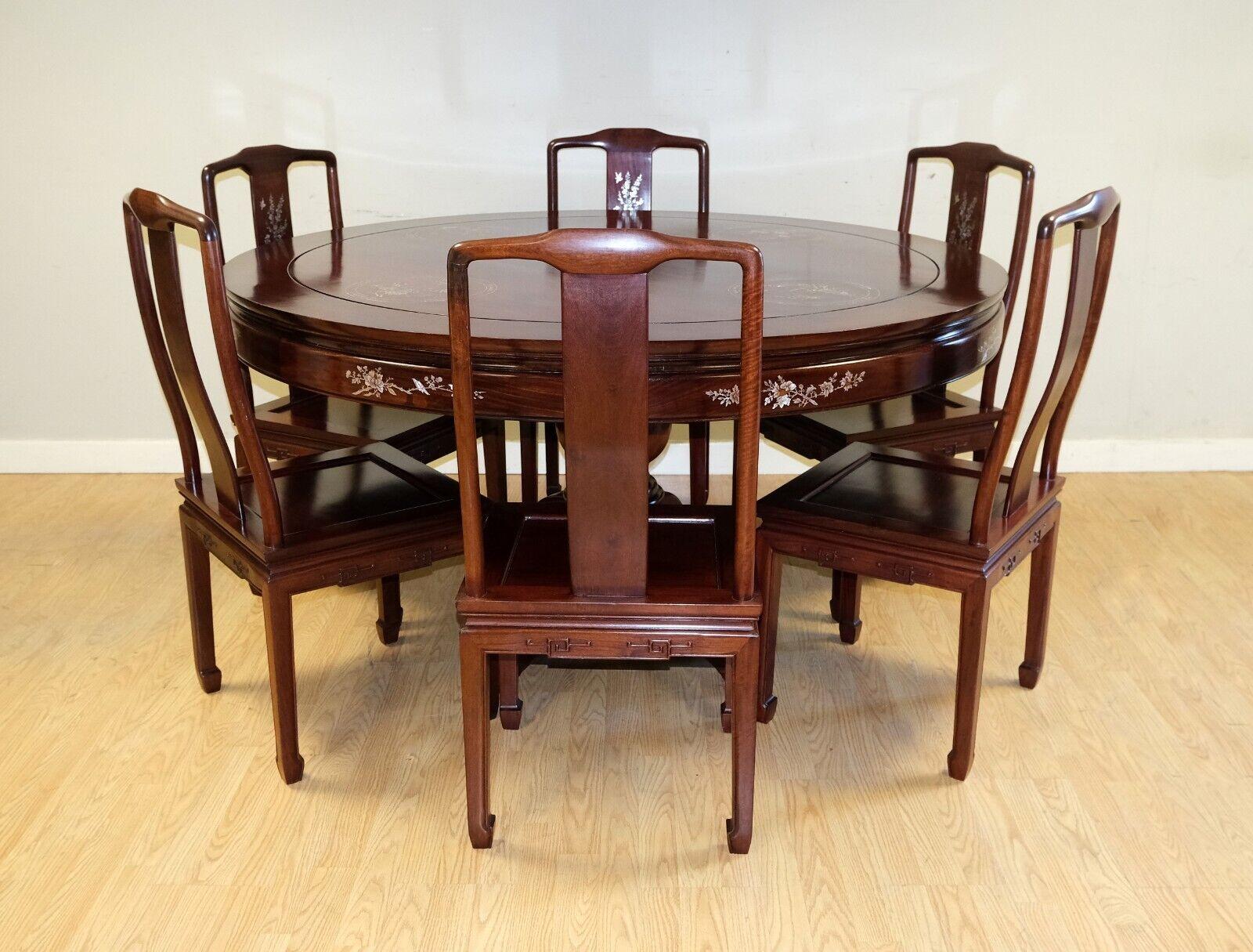 Chinese Chippendale Mother of Pearl Inlaid 20th C Chinese Dining Table Set Six Chairs & Lazy Susan