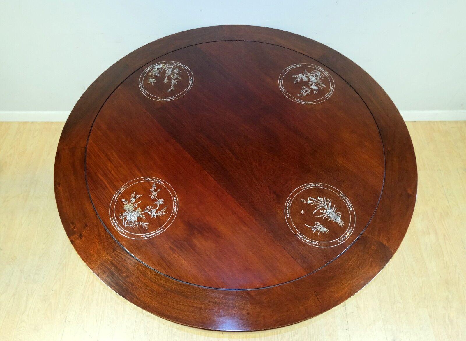 Hand-Crafted Mother of Pearl Inlaid 20th C Chinese Dining Table Set Six Chairs & Lazy Susan