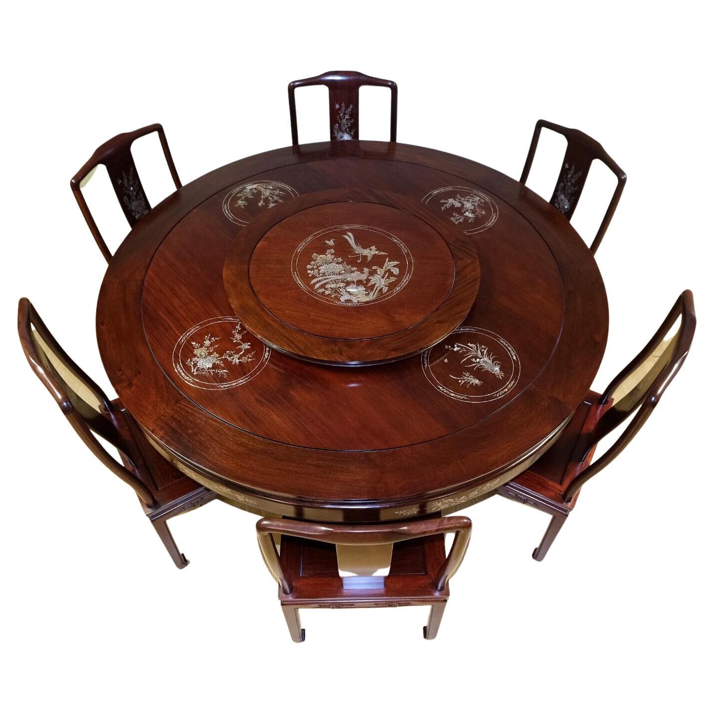 Mother of Pearl Inlaid 20th C Chinese Dining Table Set Six Chairs & Lazy Susan