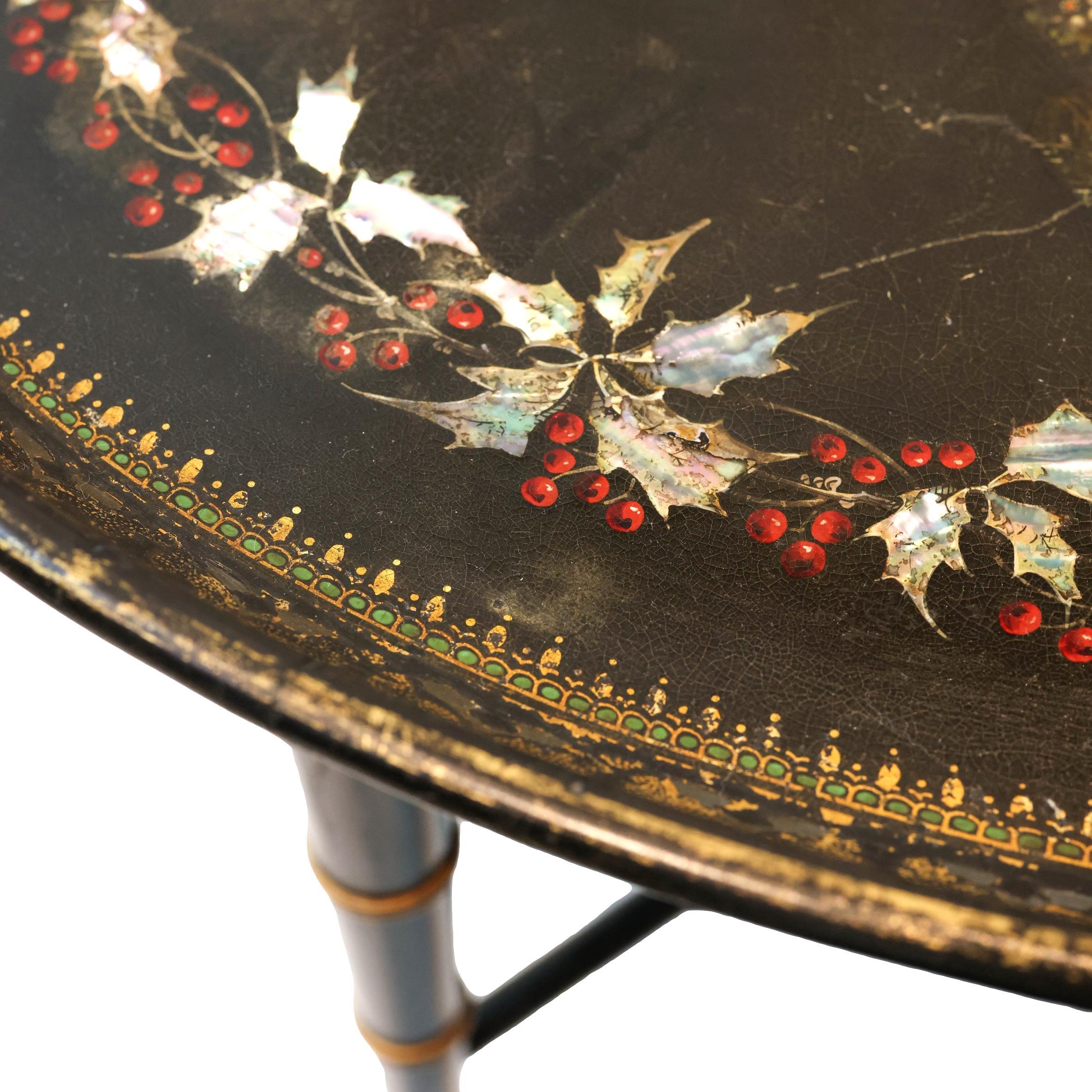 Mother-of-Pearl Inlaid and Ebonized Paper Mache Tray Table, English, ca. 1850 For Sale 4