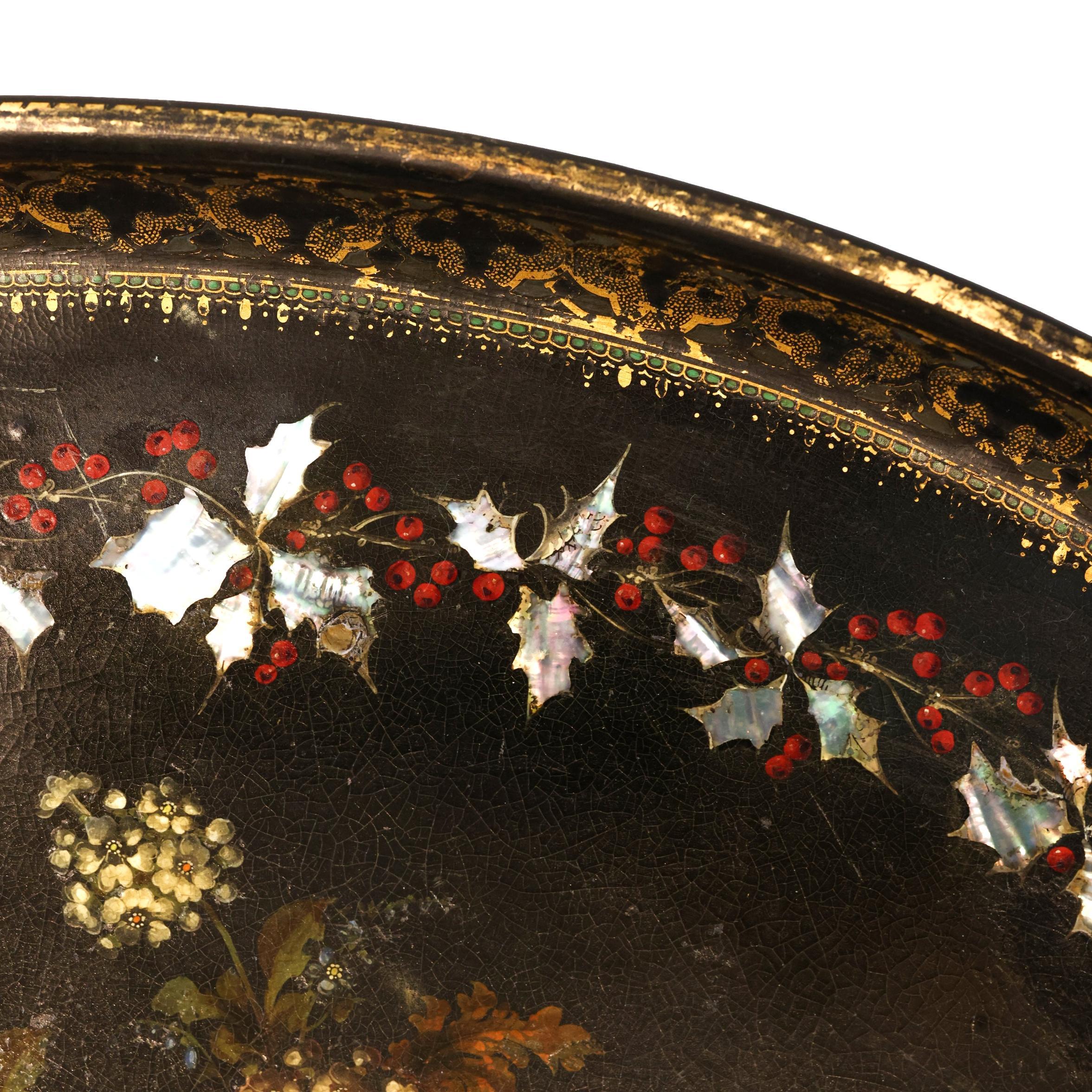 Mother-of-Pearl Inlaid and Ebonized Paper Mache Tray Table, English, ca. 1850 For Sale 5