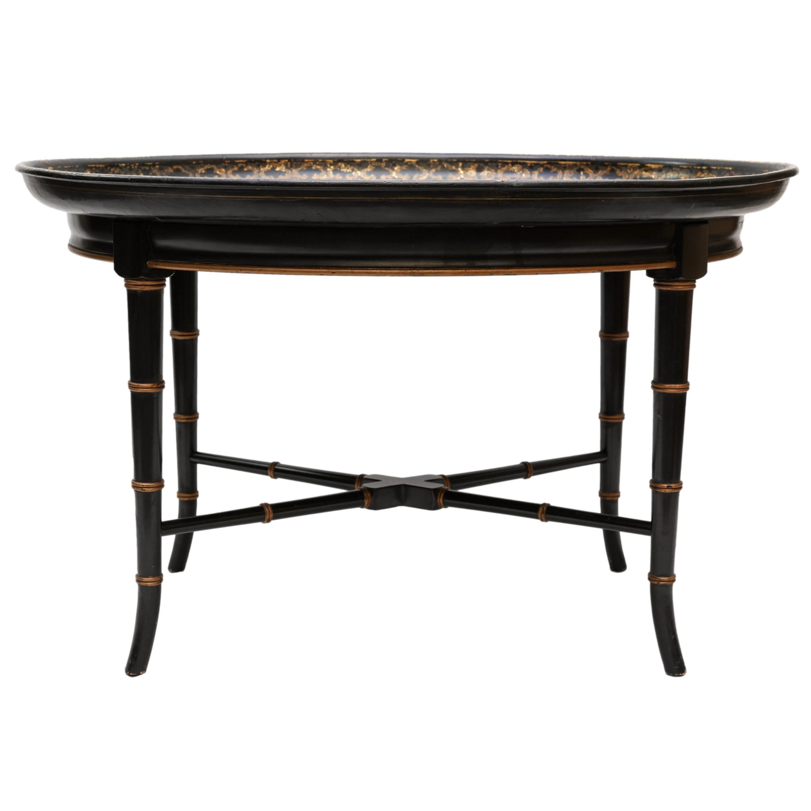 Victorian Mother-of-Pearl Inlaid and Ebonized Paper Mache Tray Table, English, ca. 1850 For Sale