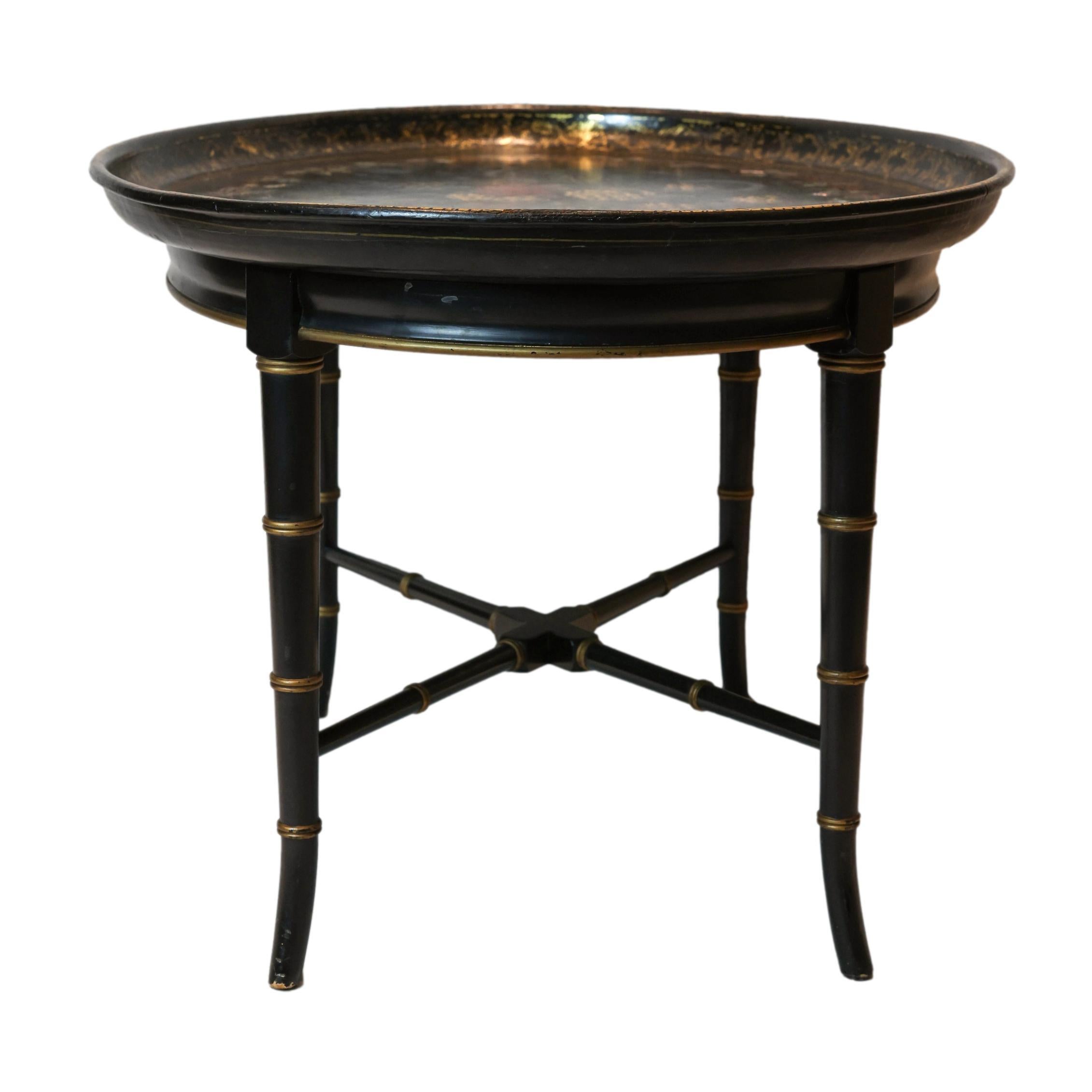 Inlay Mother-of-Pearl Inlaid and Ebonized Paper Mache Tray Table, English, ca. 1850 For Sale