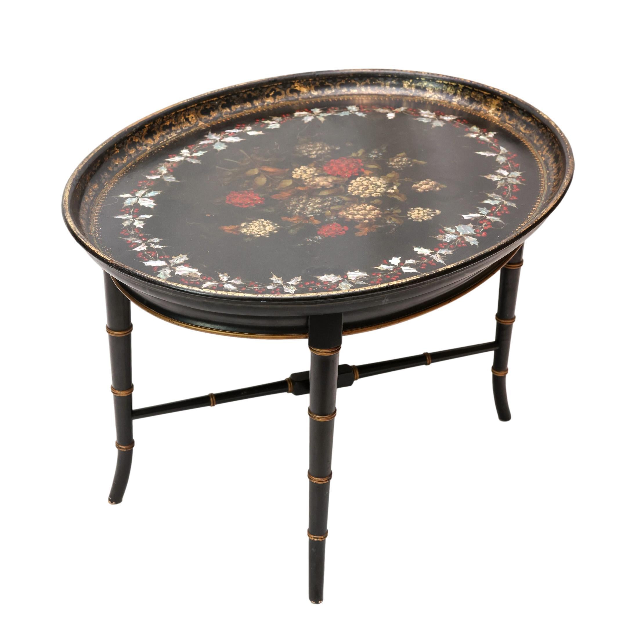 Mother-of-Pearl Inlaid and Ebonized Paper Mache Tray Table, English, ca. 1850 In Good Condition For Sale In Banner Elk, NC