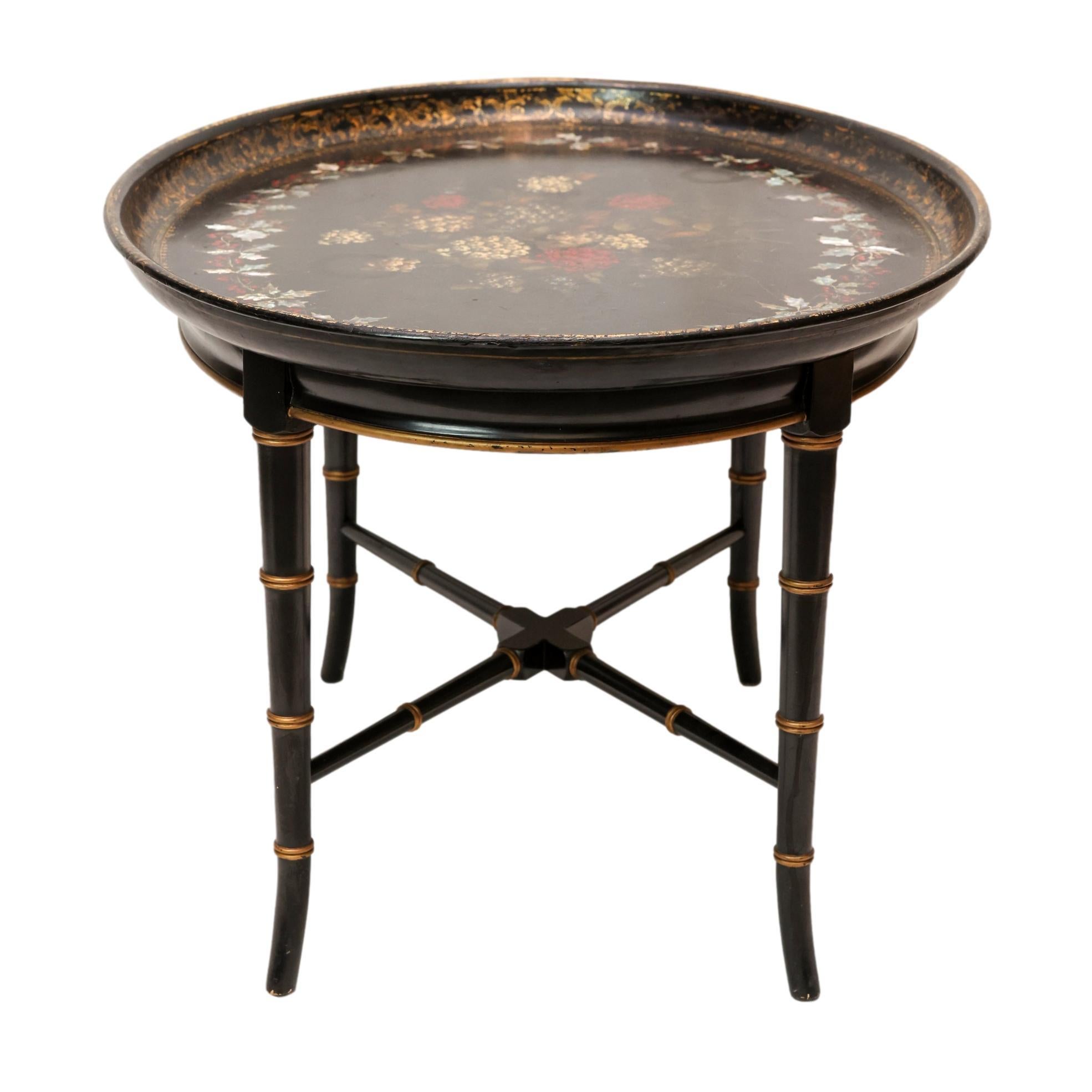 19th Century Mother-of-Pearl Inlaid and Ebonized Paper Mache Tray Table, English, ca. 1850 For Sale