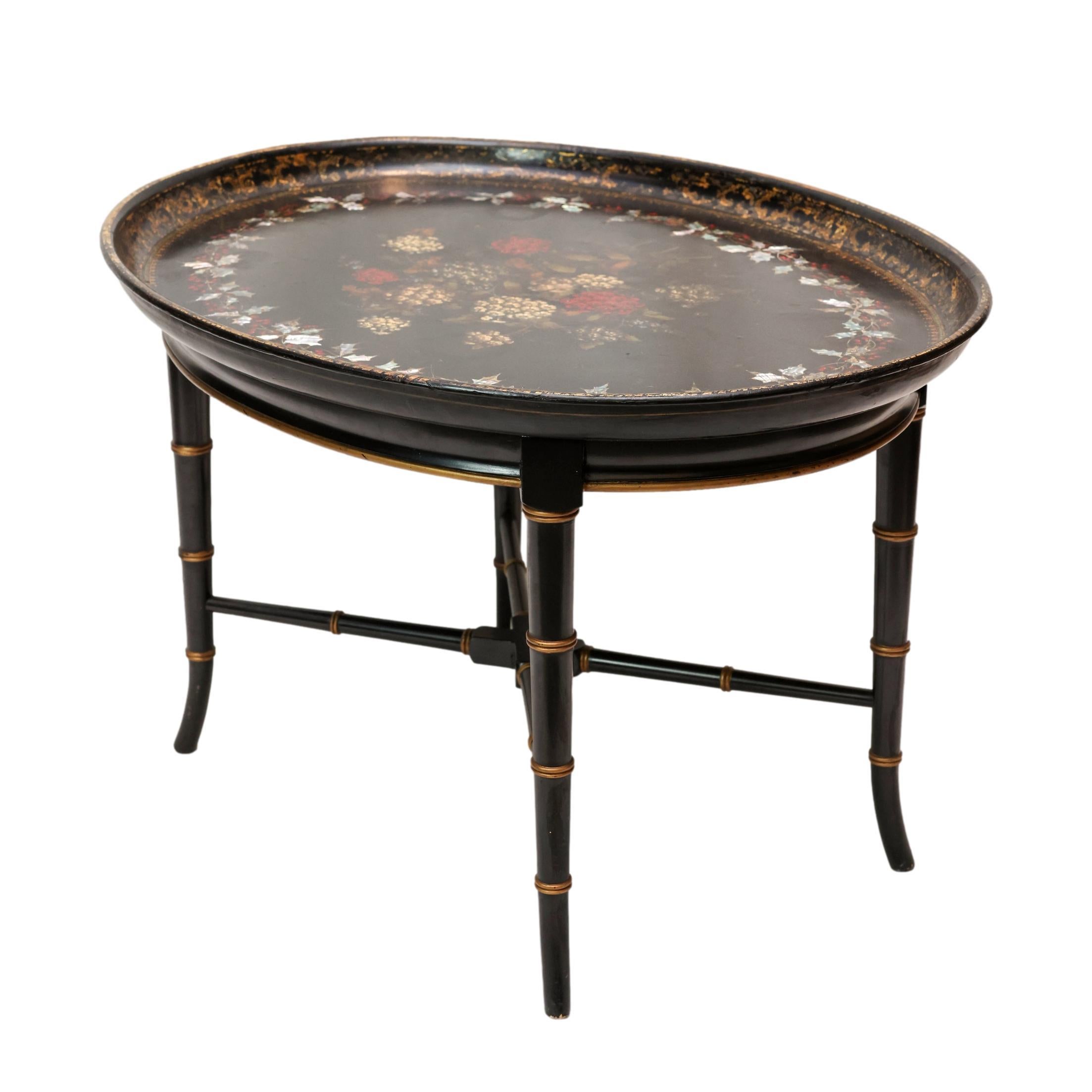 Mother-of-Pearl Inlaid and Ebonized Paper Mache Tray Table, English, ca. 1850 For Sale 1