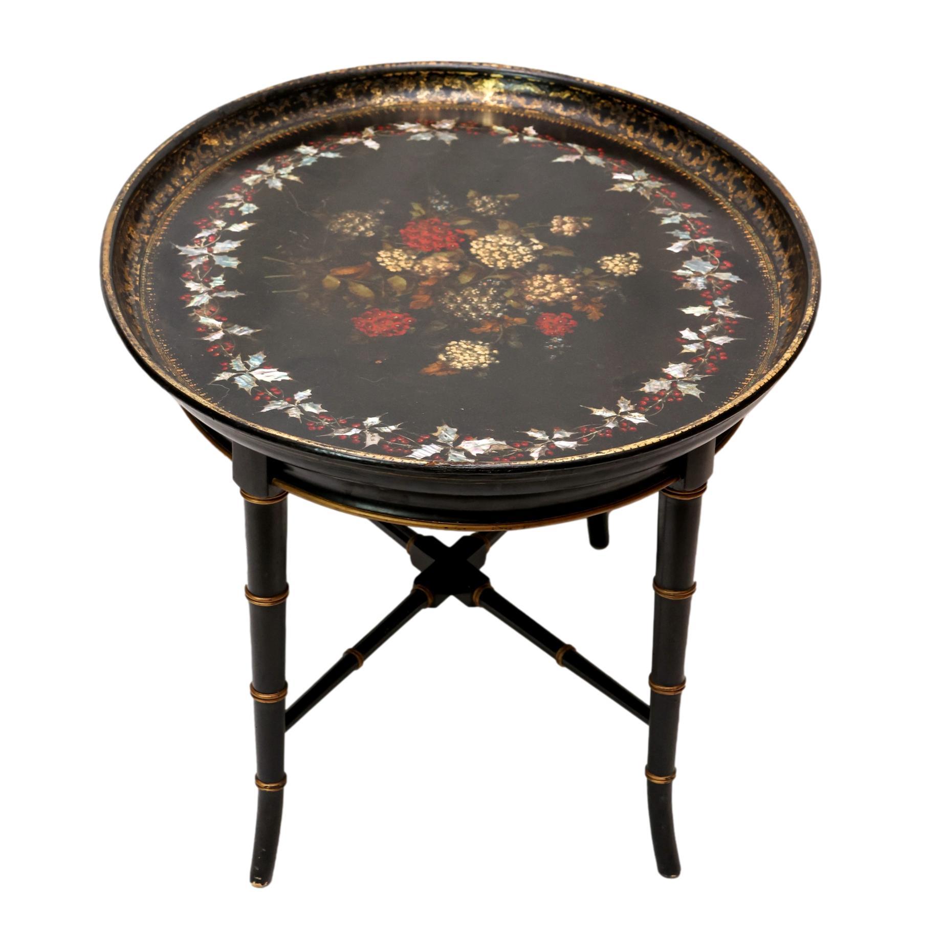 Mother-of-Pearl Inlaid and Ebonized Paper Mache Tray Table, English, ca. 1850 For Sale 2