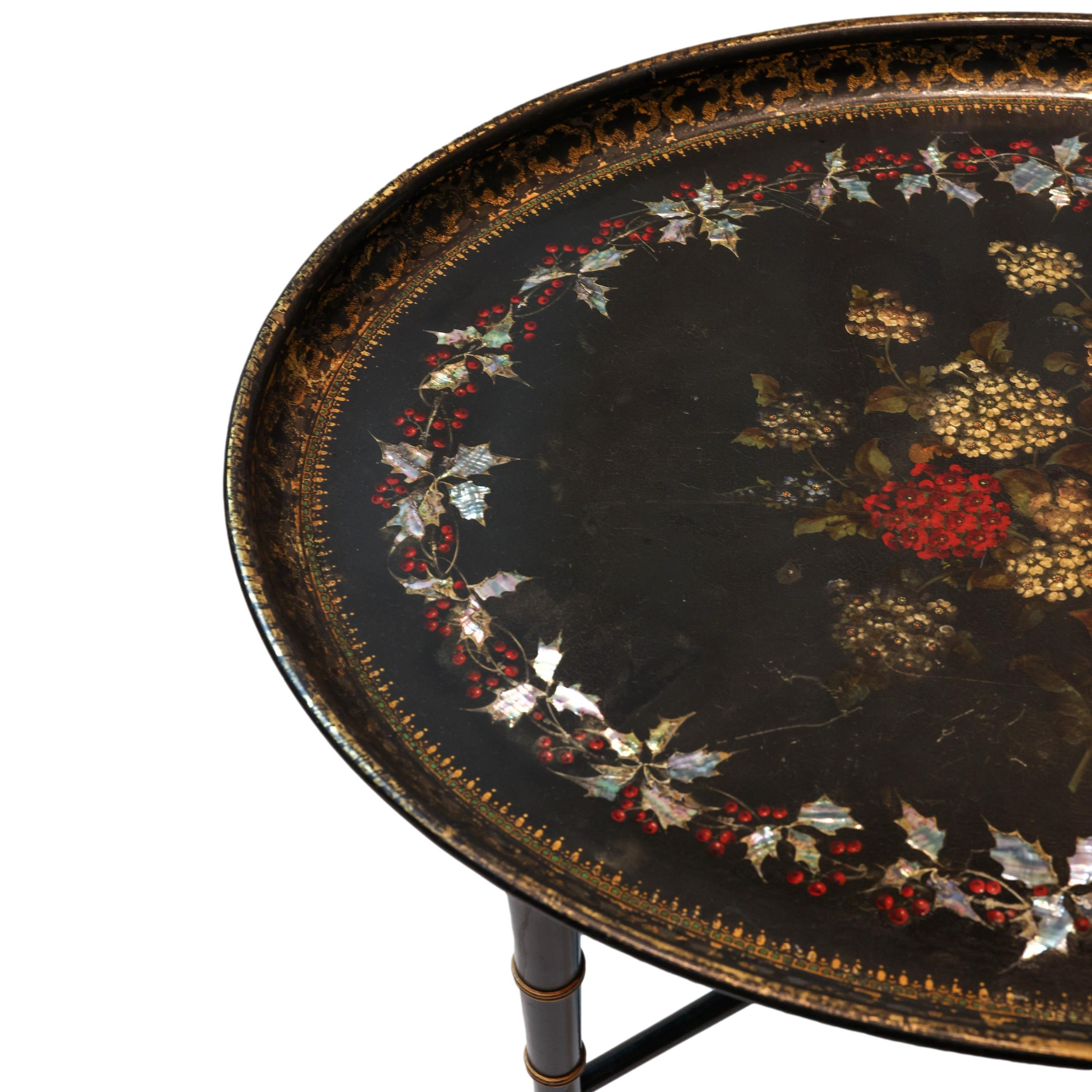 Mother-of-Pearl Inlaid and Ebonized Paper Mache Tray Table, English, ca. 1850 For Sale 3