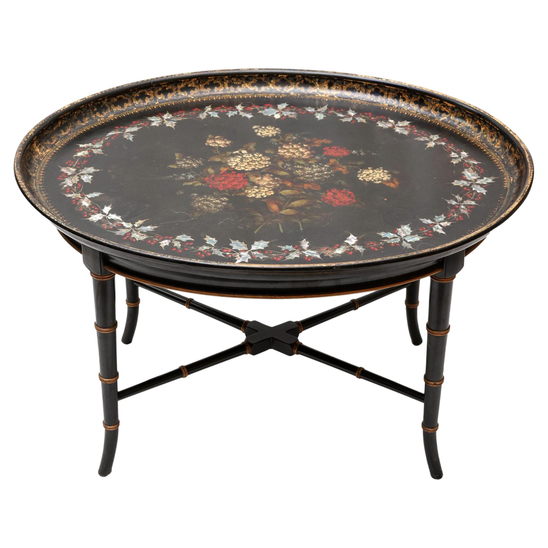 Mother-of-Pearl Inlaid and Ebonized Paper Mache Tray Table, English, ca. 1850 For Sale