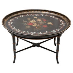 Antique Mother-of-Pearl Inlaid and Ebonized Paper Mache Tray Table, English, ca. 1850