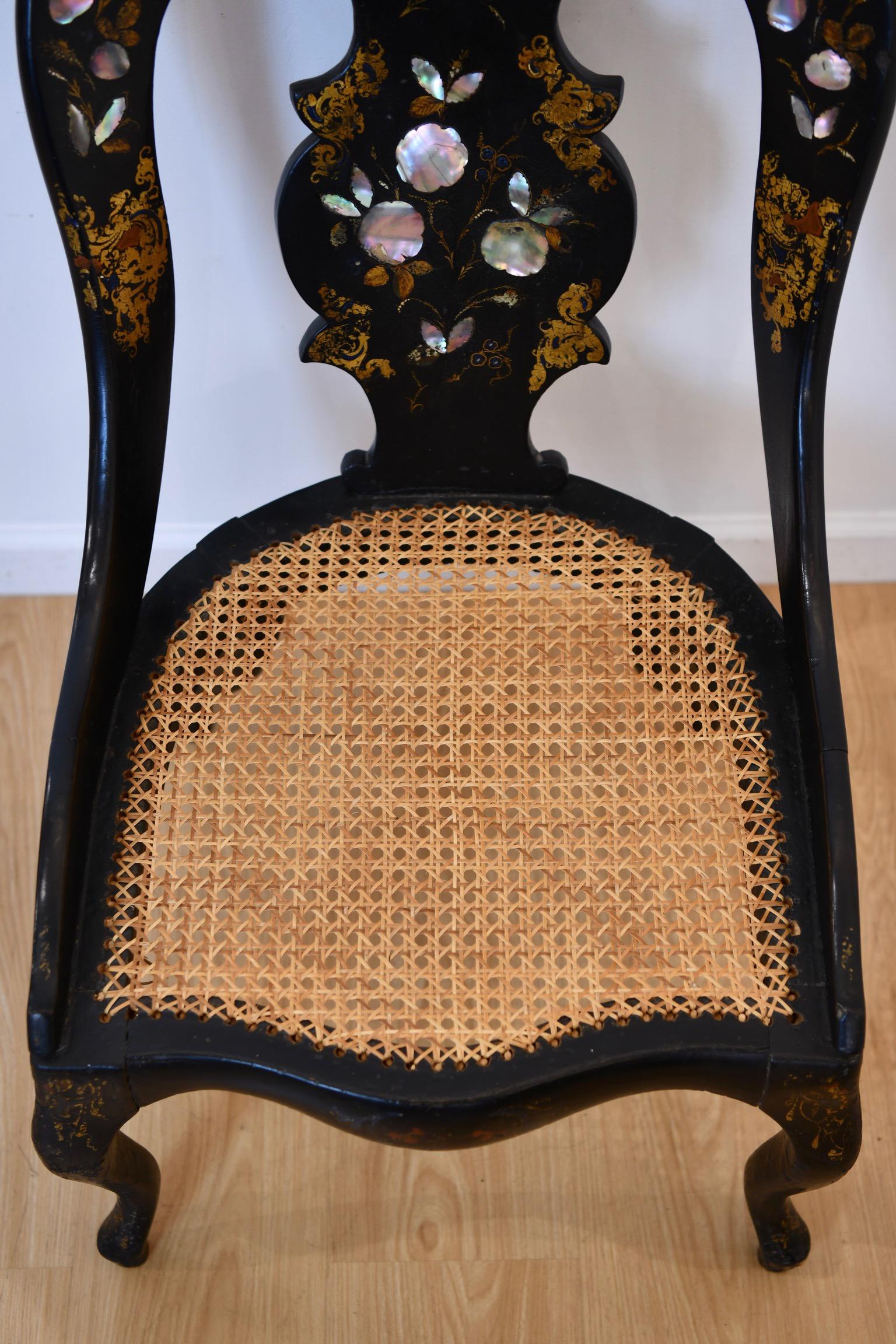 Mother of Pearl Inlaid Caned Chair For Sale 2