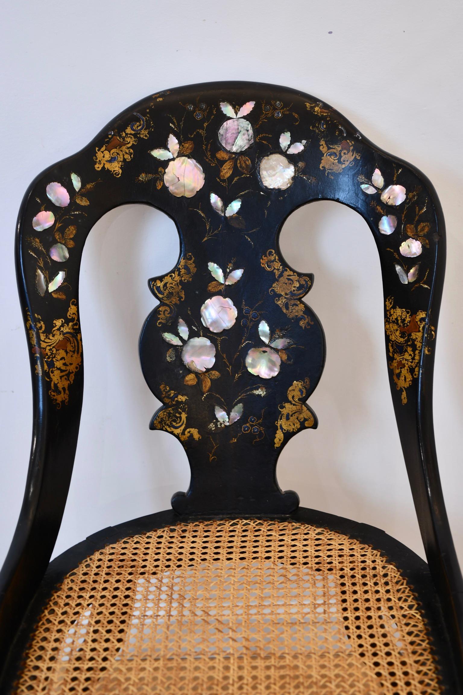 Mother of Pearl Inlaid Caned Chair For Sale 3