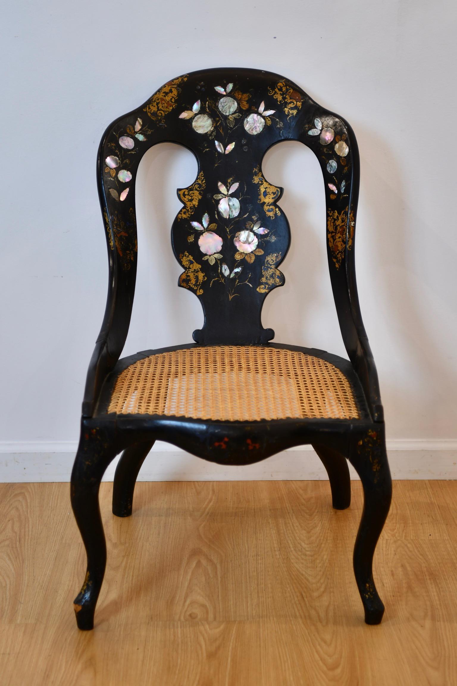 Mother of Pearl Inlaid Caned Chair For Sale 5