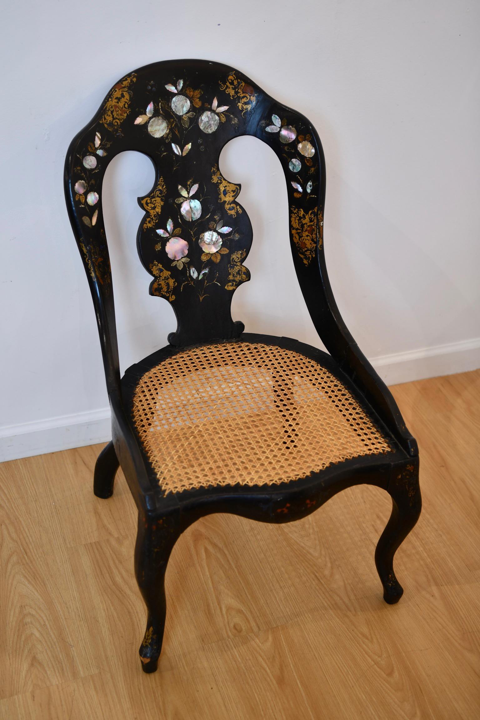 Caning Mother of Pearl Inlaid Caned Chair For Sale
