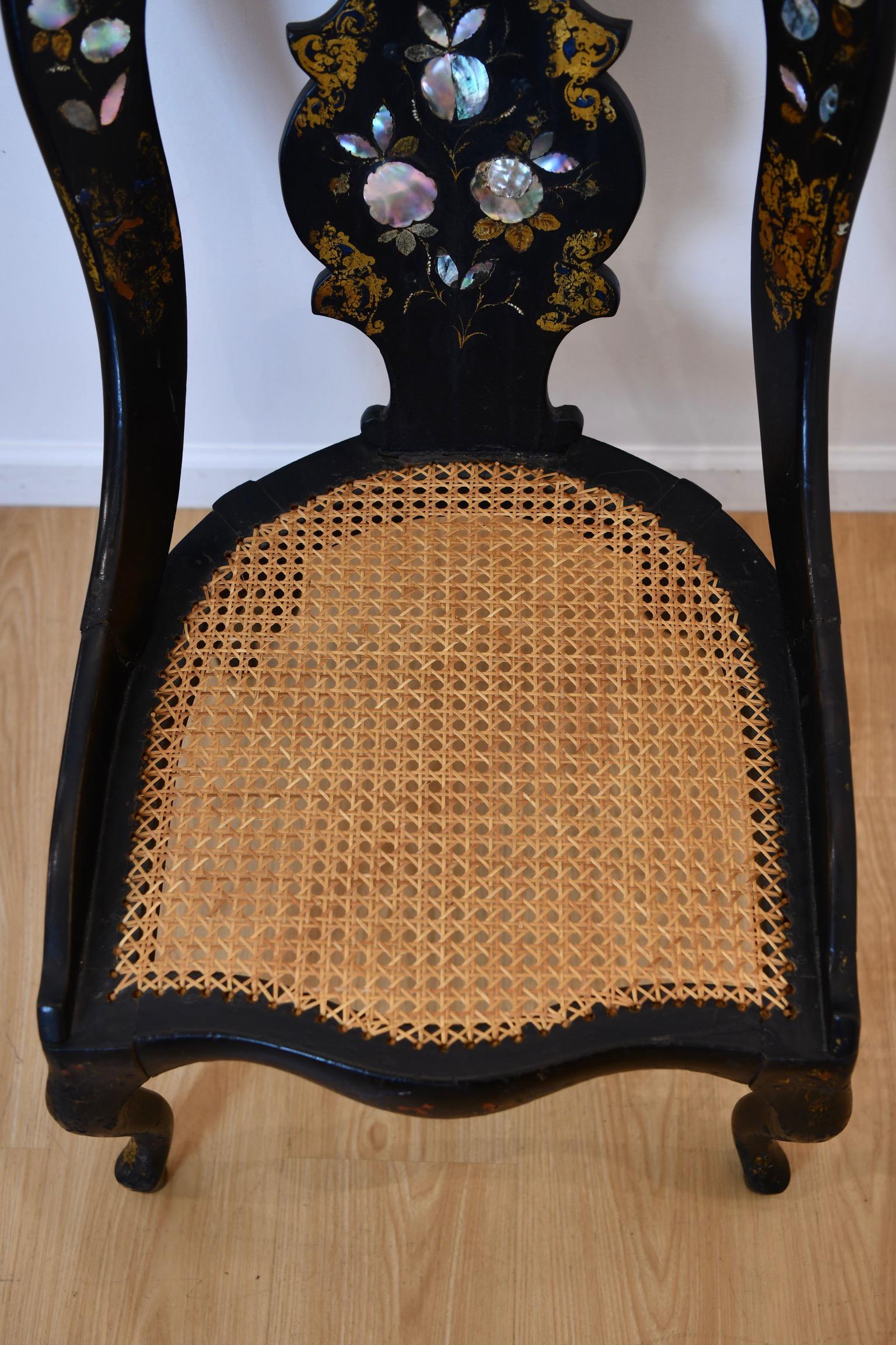 Mother of Pearl Inlaid Caned Chair In Good Condition For Sale In Brooklyn, NY