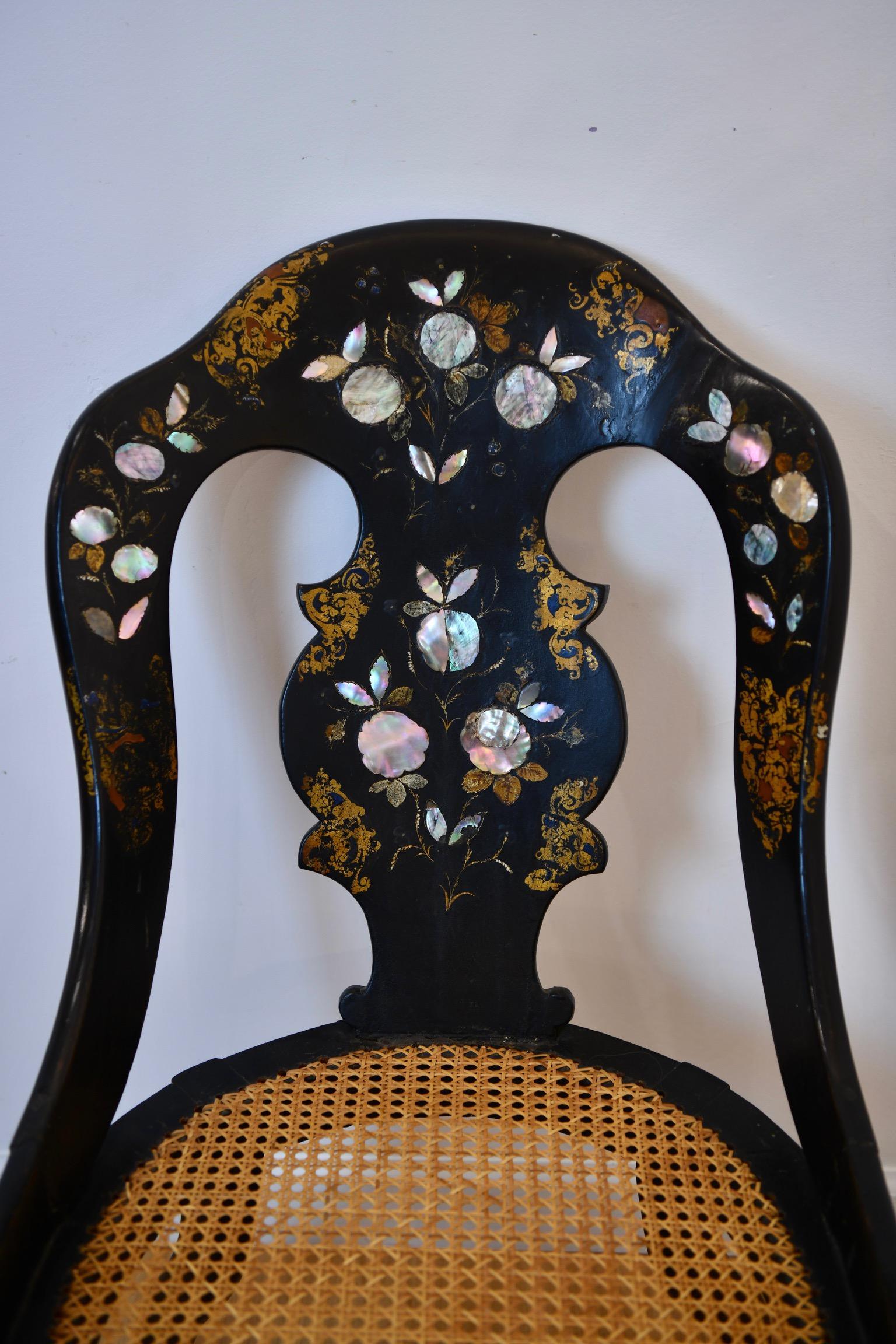 20th Century Mother of Pearl Inlaid Caned Chair For Sale