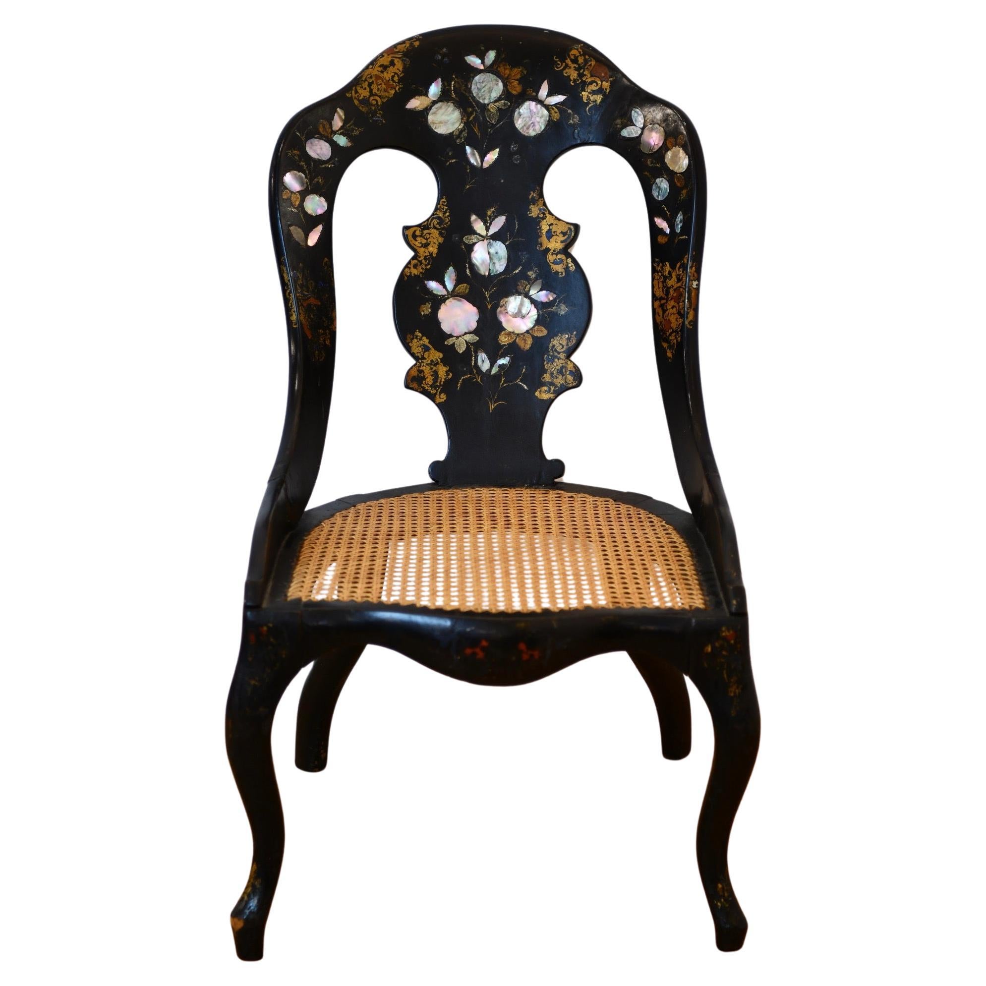 Mother of Pearl Inlaid Caned Chair