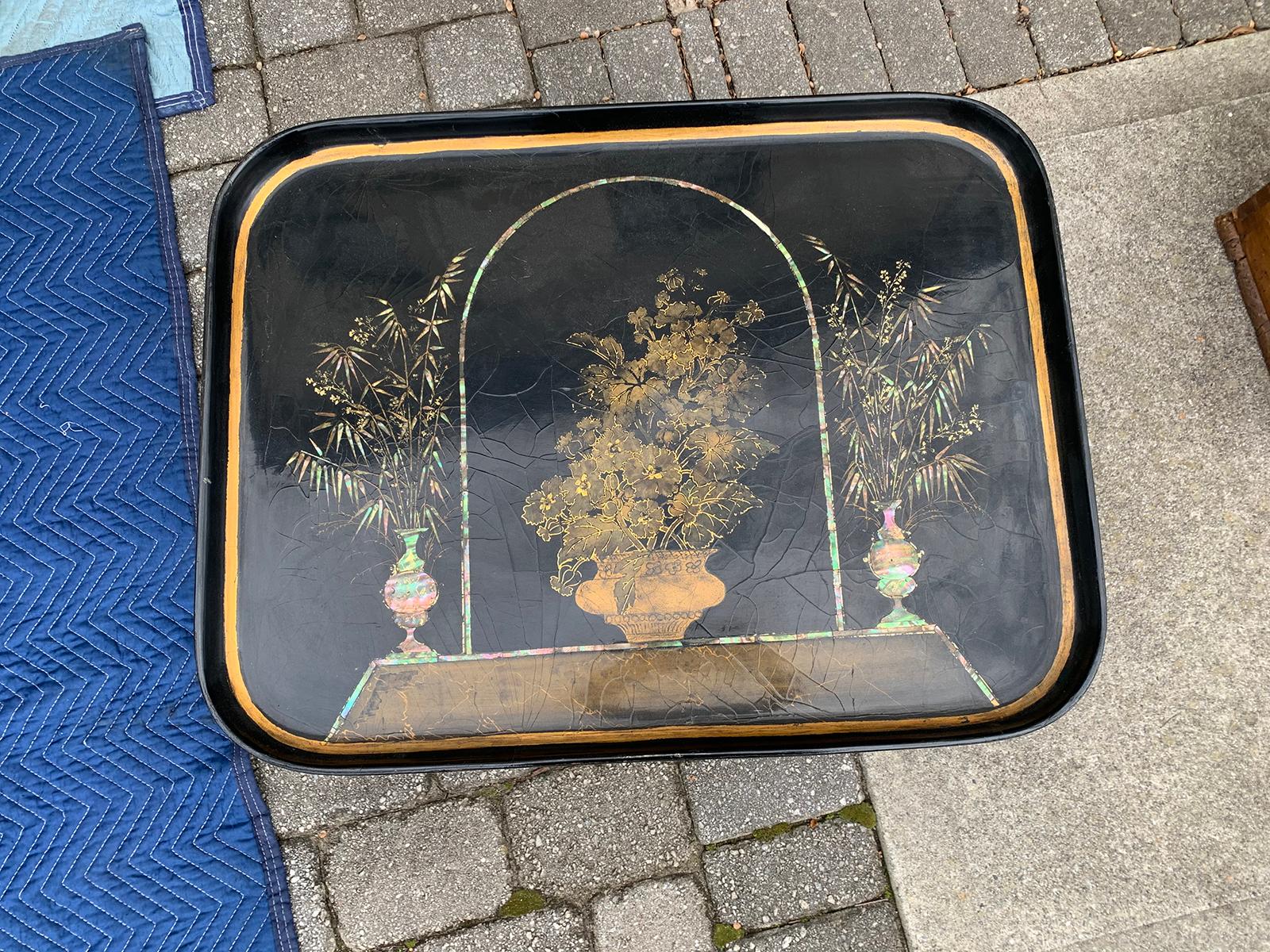 Early 20th Century Mother of Pearl Inlaid and Painted Black Coffee Table For Sale