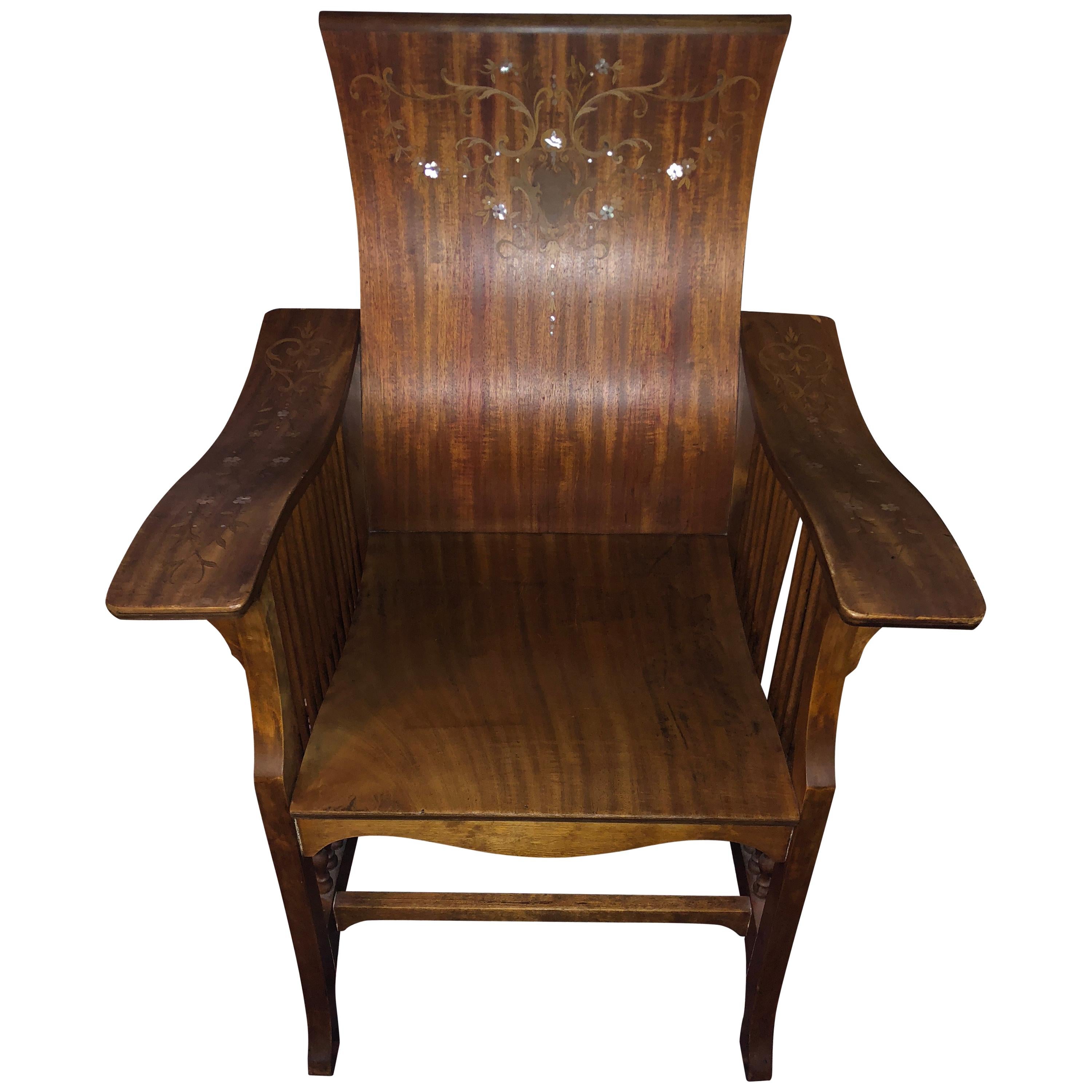 Mother of Pearl inlay British Colonial Mother of Pearl Art Deco Armchair For Sale