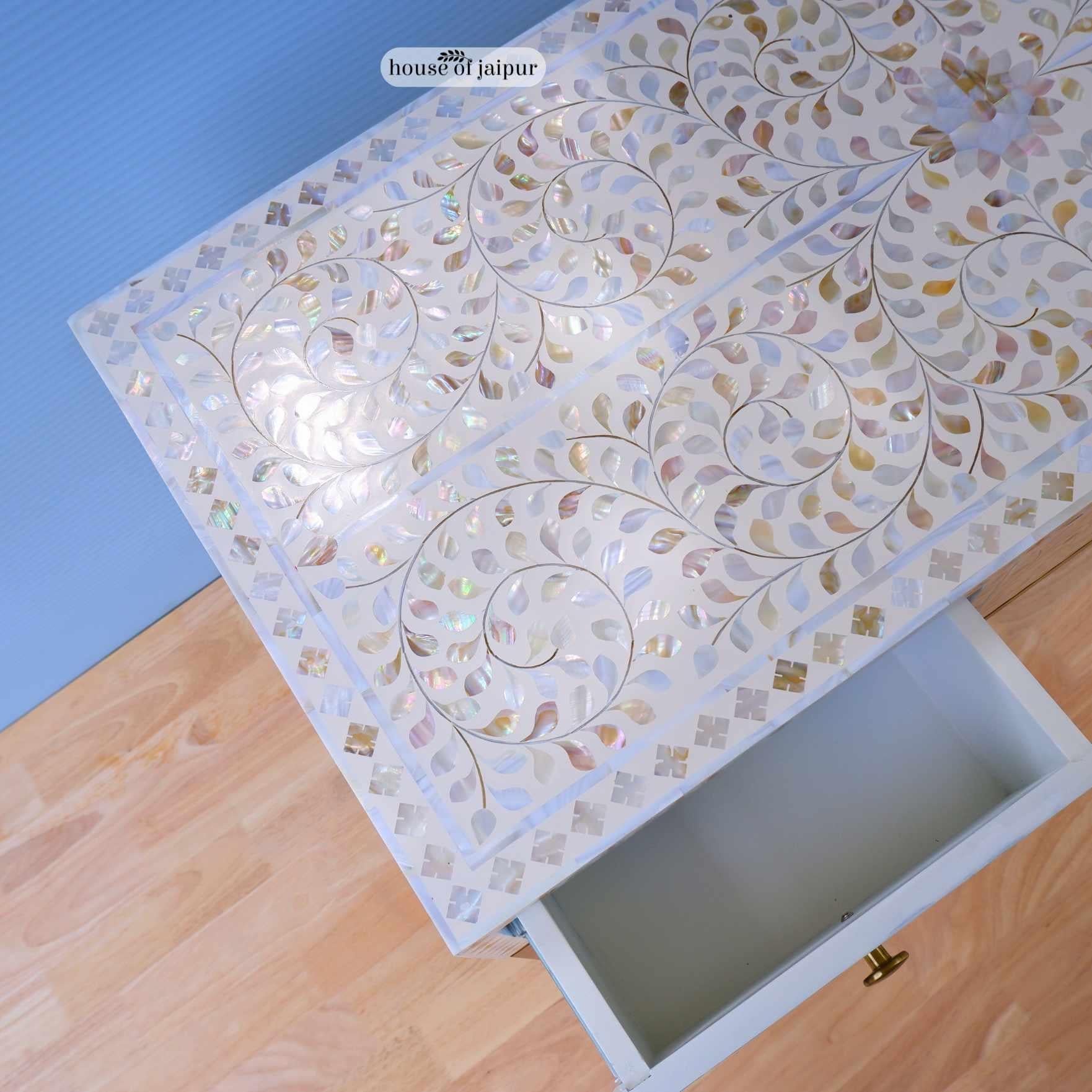 Indian Mother of Pearl Inlay Floral Console Table by House of Jaipur For Sale