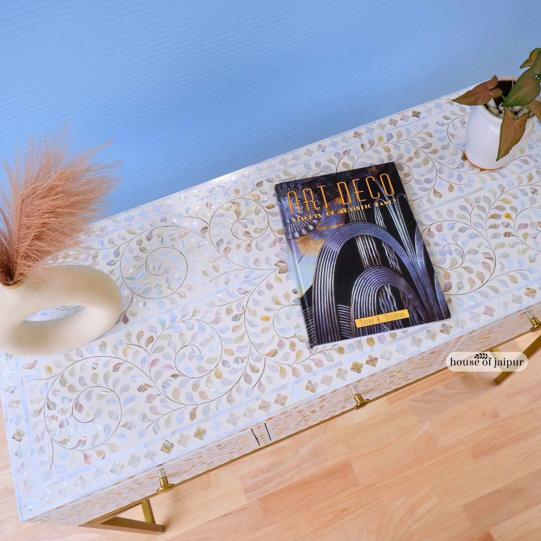 Mother of Pearl Inlay Floral Console Table by House of Jaipur For Sale 1