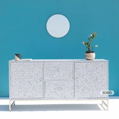 Mother of Pearl Inlay Media Console, Gold Legs & Brass Knobs by House of Jaipur