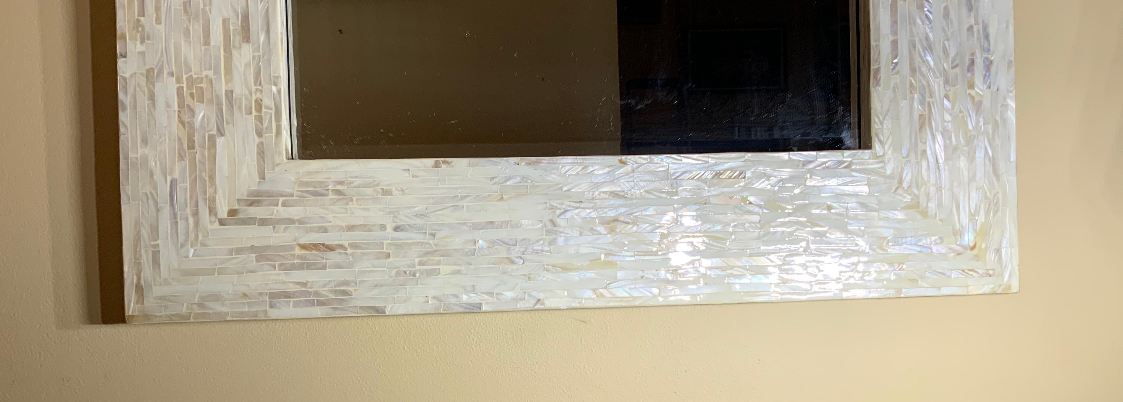 Beautiful mirror made of mother of pearl inlay, beveled mirror, could use horizontal or vertical.
Great elegant mirror for any room.
Actual mirror size is 19”.75 x 30”.
