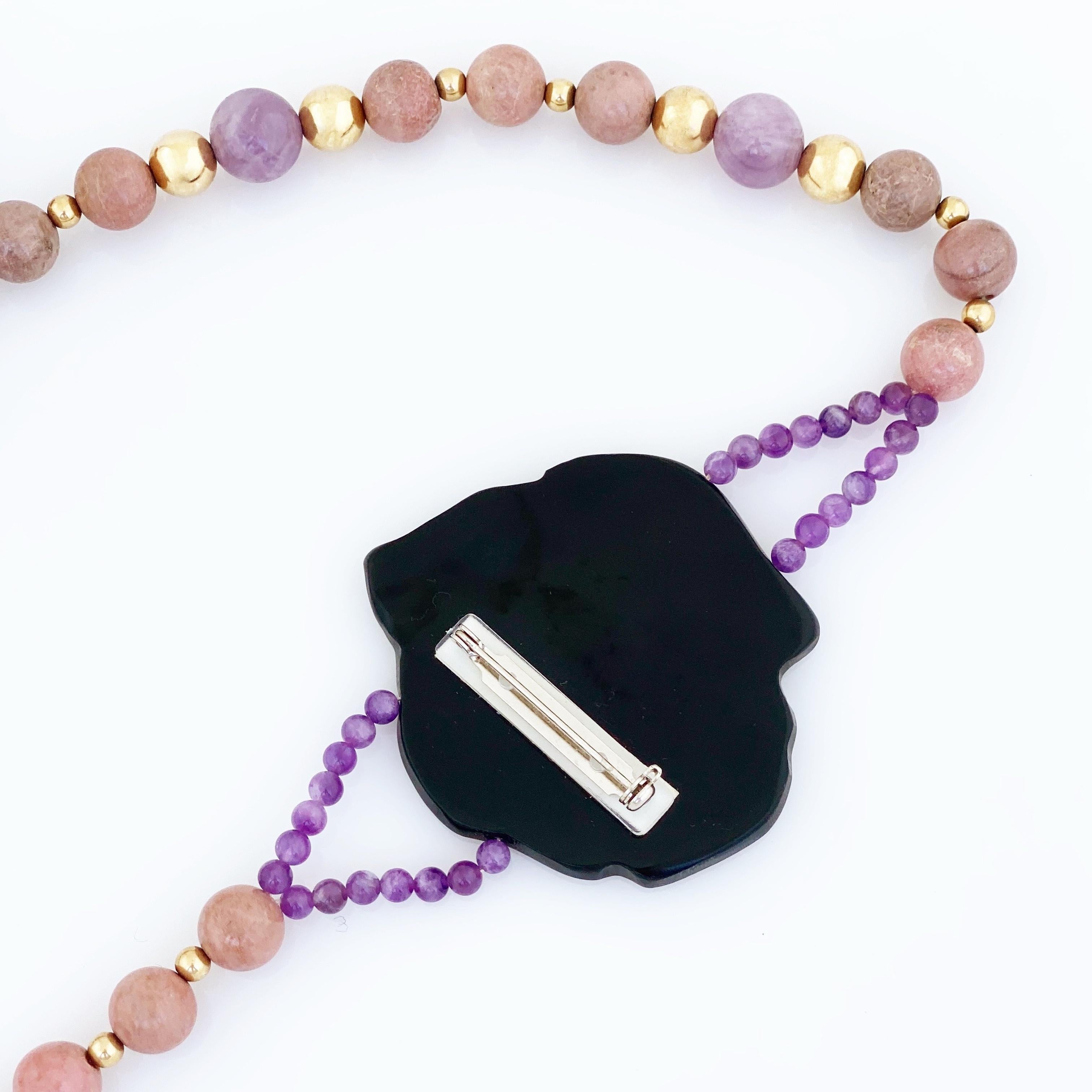 Mother of Pearl Inlay Rose & Gemstone Beaded Necklace By Lee Sands, 1980s In Good Condition For Sale In McKinney, TX