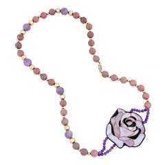 Mother of Pearl Inlay Rose & Gemstone Beaded Necklace By Lee Sands, 1980s