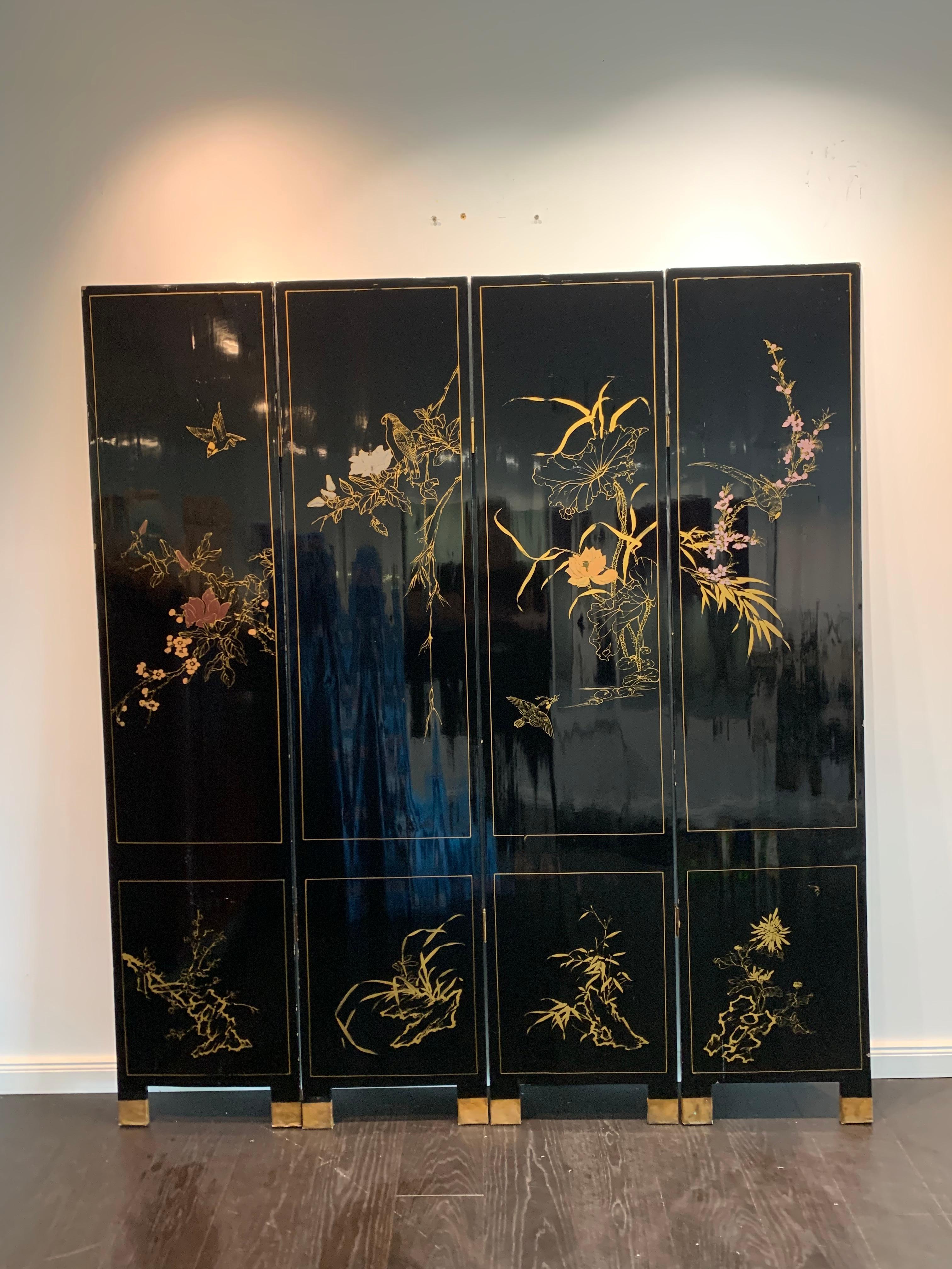 Mother of Pearl Inlays, Black Paravant 19th Century Wood Chinoiserie 8