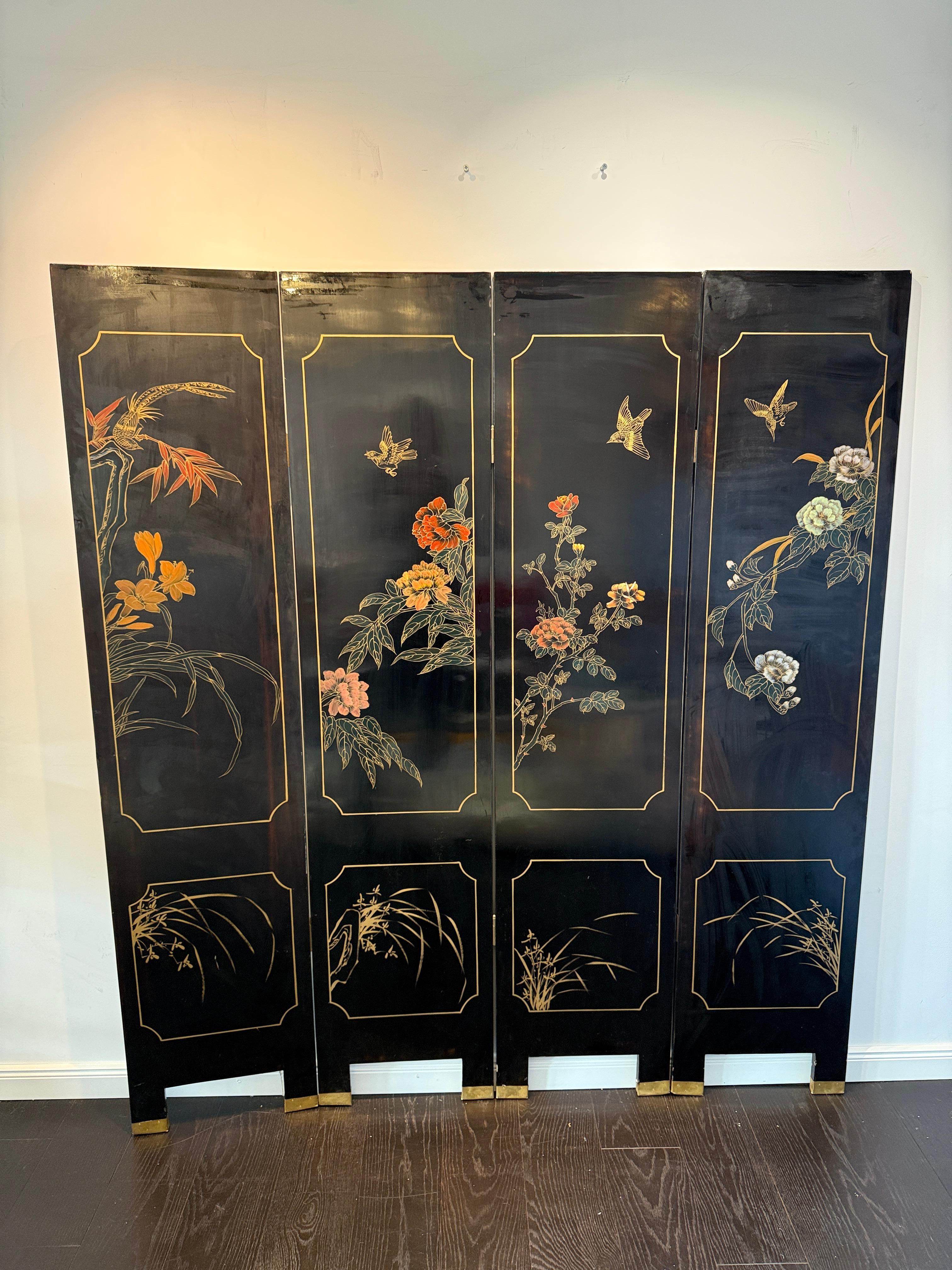 Intarsi in Madreperla, Paravento Nero Wood Chinoiserie del XX secolo in vendita 9