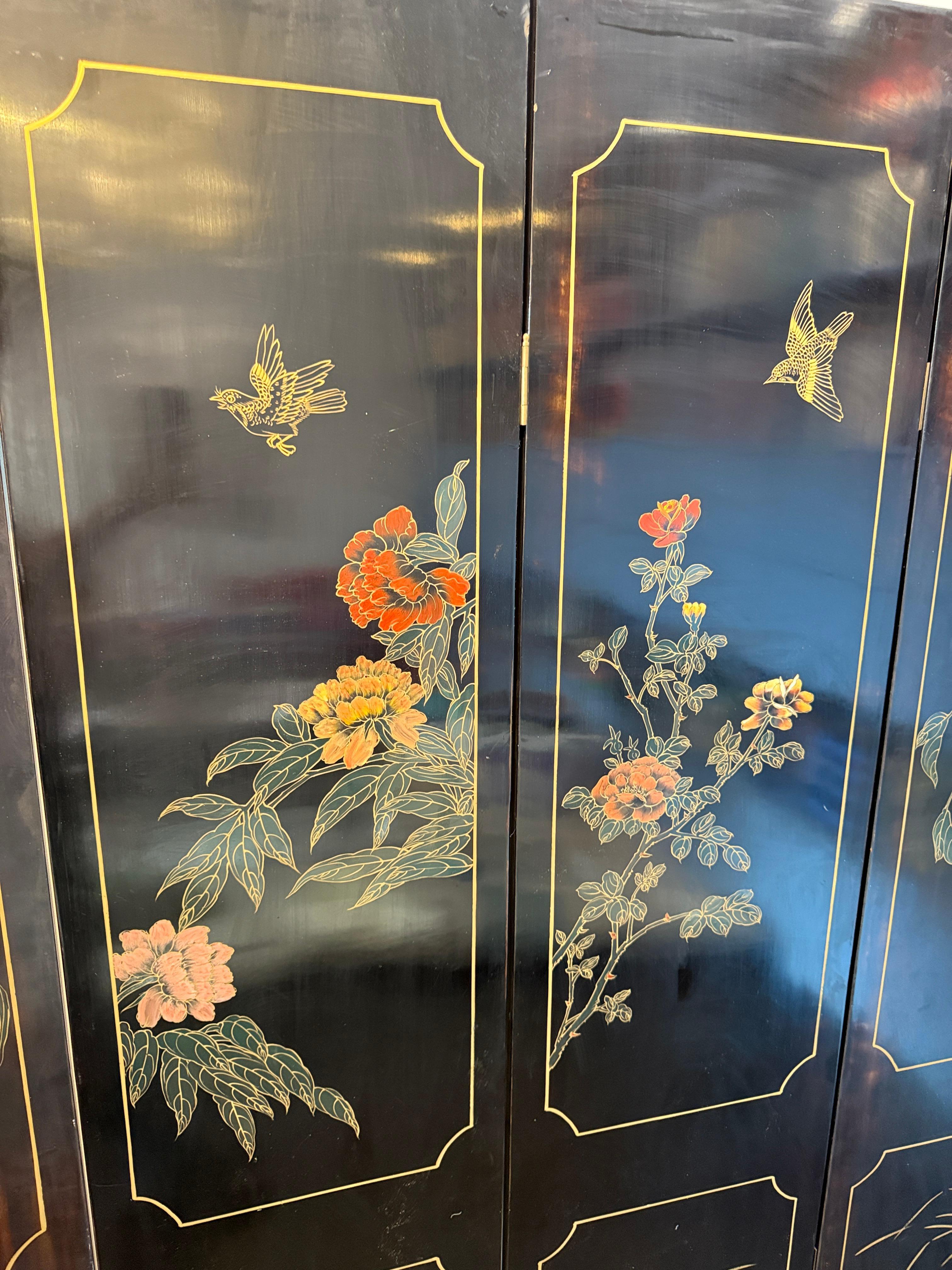 Intarsi in Madreperla, Paravento Nero Wood Chinoiserie del XX secolo in vendita 12