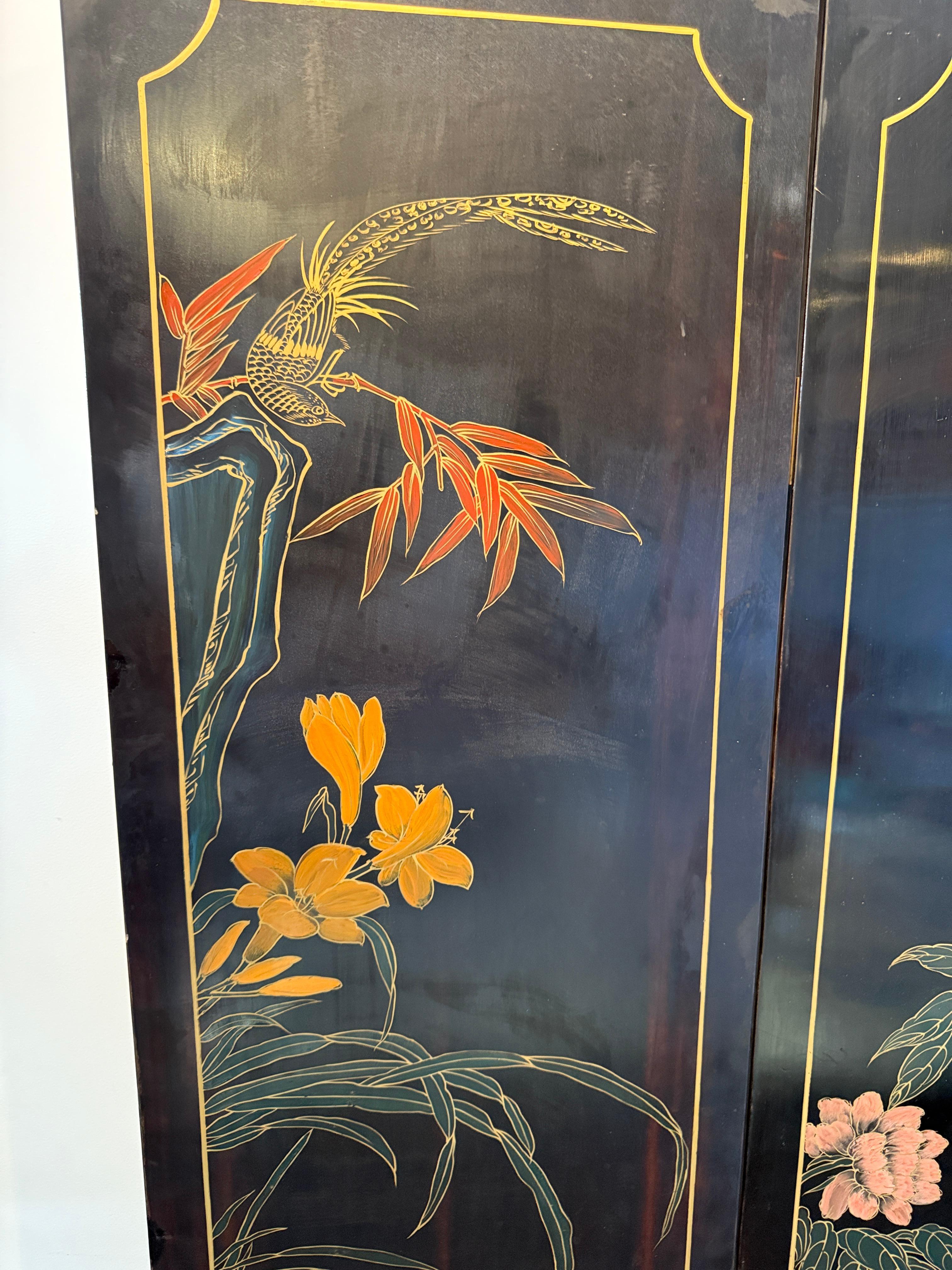Intarsi in Madreperla, Paravento Nero Wood Chinoiserie del XX secolo in vendita 13