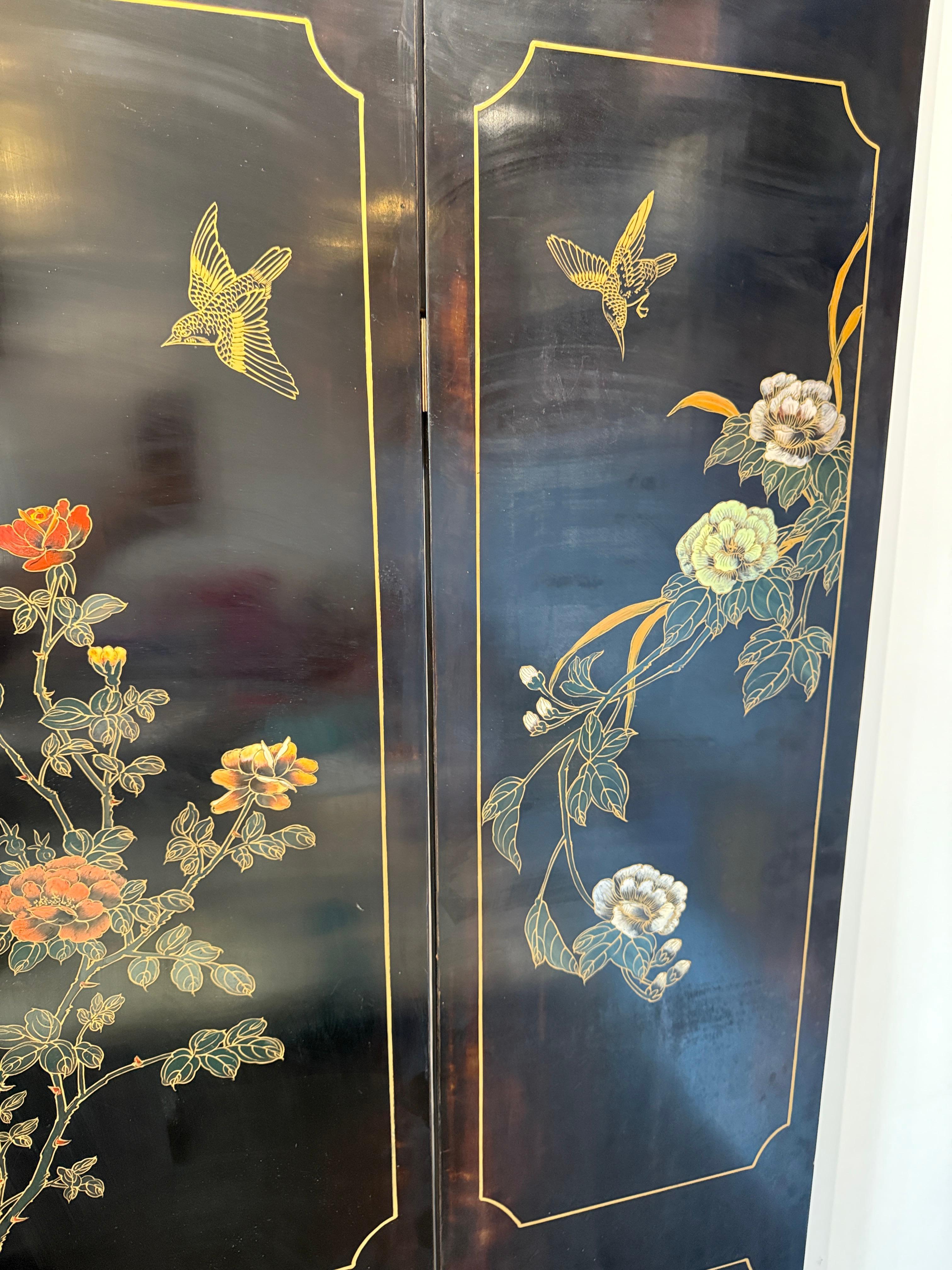 Intarsi in Madreperla, Paravento Nero Wood Chinoiserie del XX secolo in vendita 14