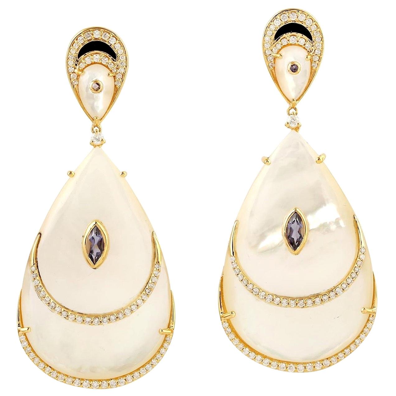 Mother of Pearl Iolite Diamond 18 Karat Gold Earrings