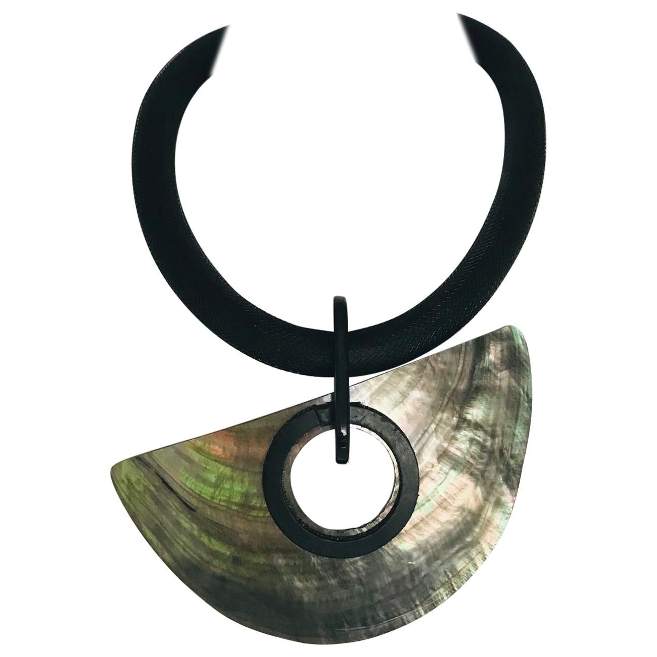 Mother of pearl Iridescent green Sustainable Pendant Necklace by Sylvia Gottwald For Sale